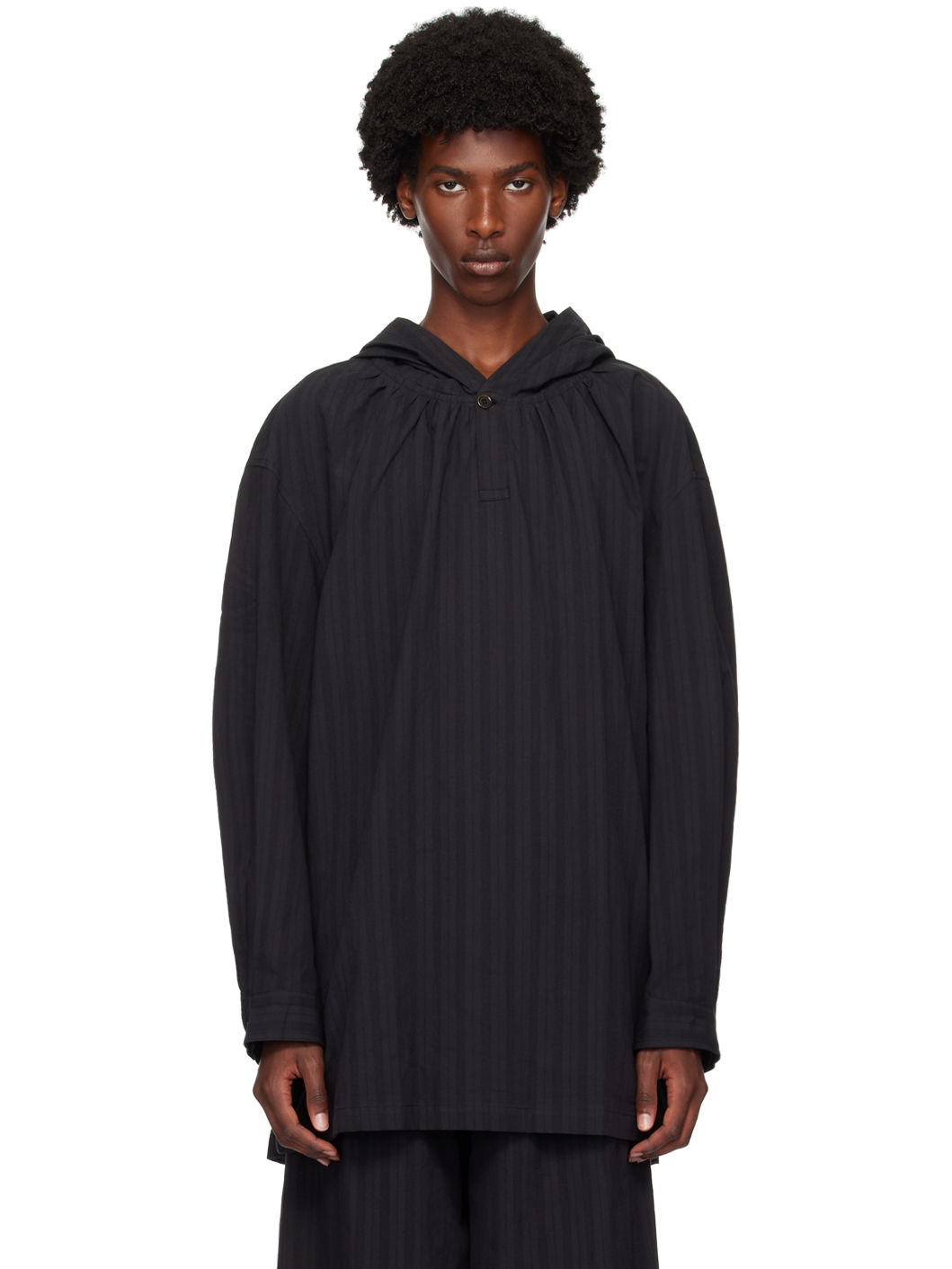 Black Shirring Hooded Top - 1