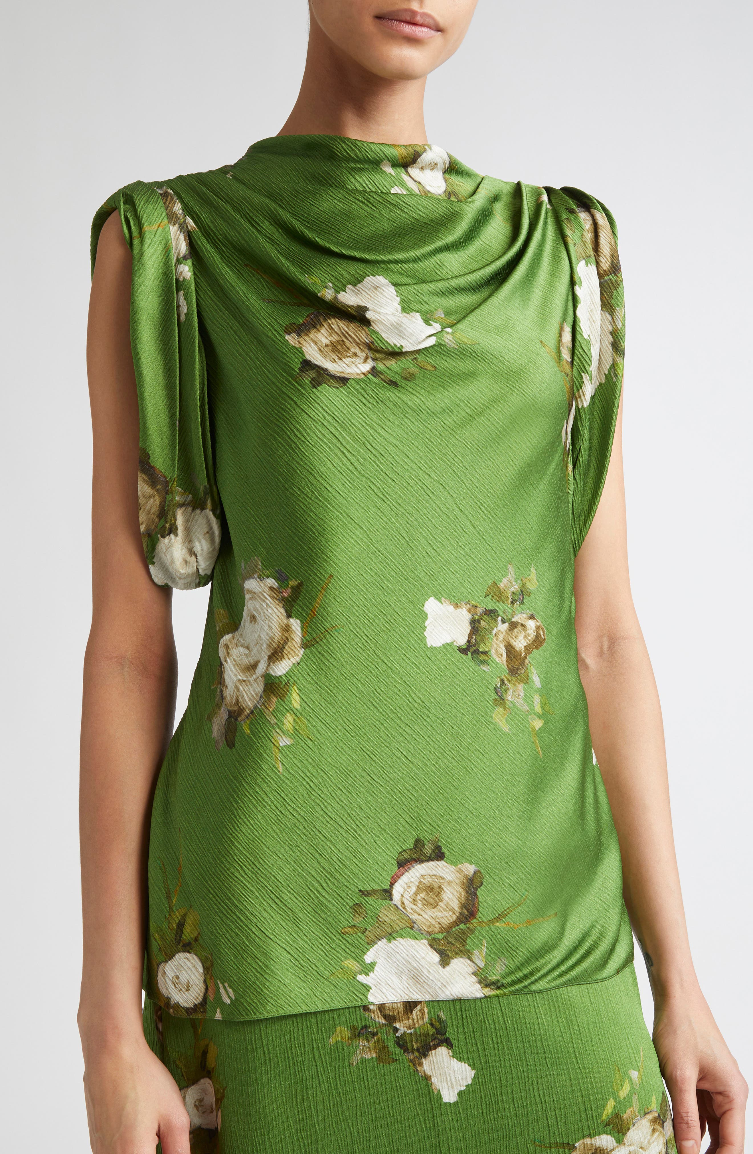 Erdem Painted Rose Print Crinkled Satin Top in Painted Rose Bouquet Olive at Nordstrom - 5