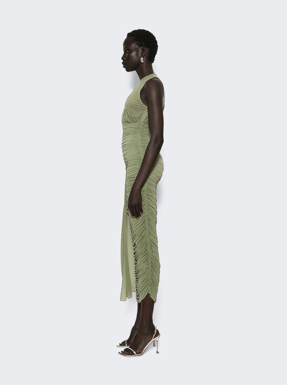 Sheer Draped Midi Dress Green - 3