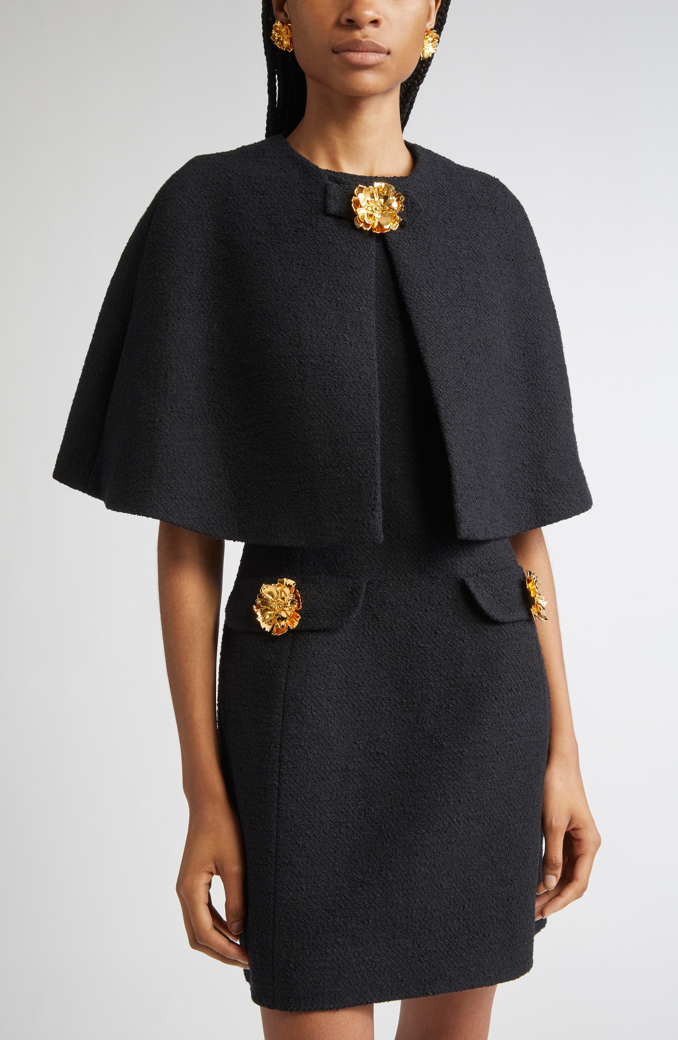Oscar de la Renta Peony Detail Tweed Crop Cape in Black at Nordstrom - 5