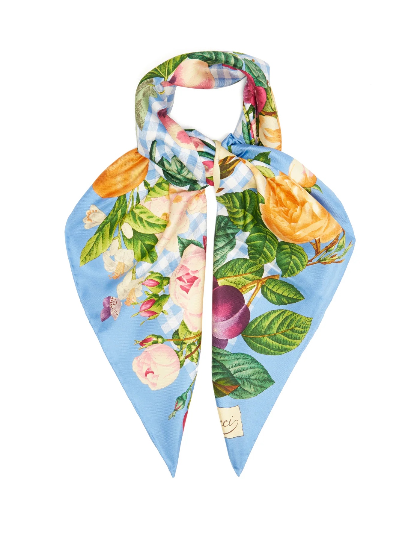 Floral-print gingham silk-twill scarf - 1