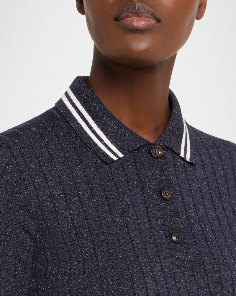 Shimmering Cashmere Rib Short-Sleeve Polo Sweater 5