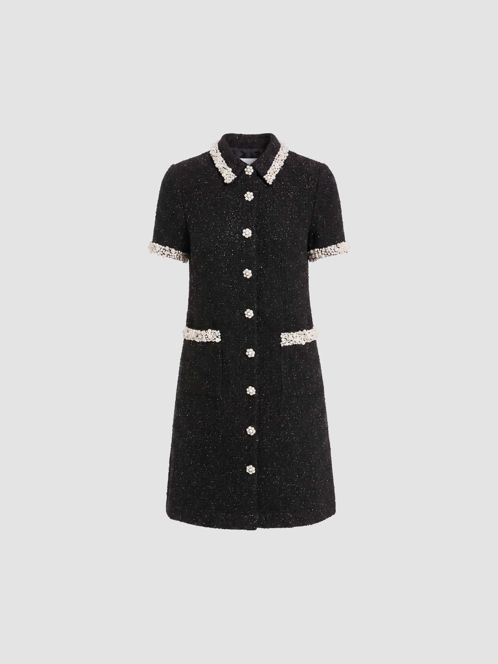 Women's Bouclé Tweed Shift Mini Dress - Black - 1