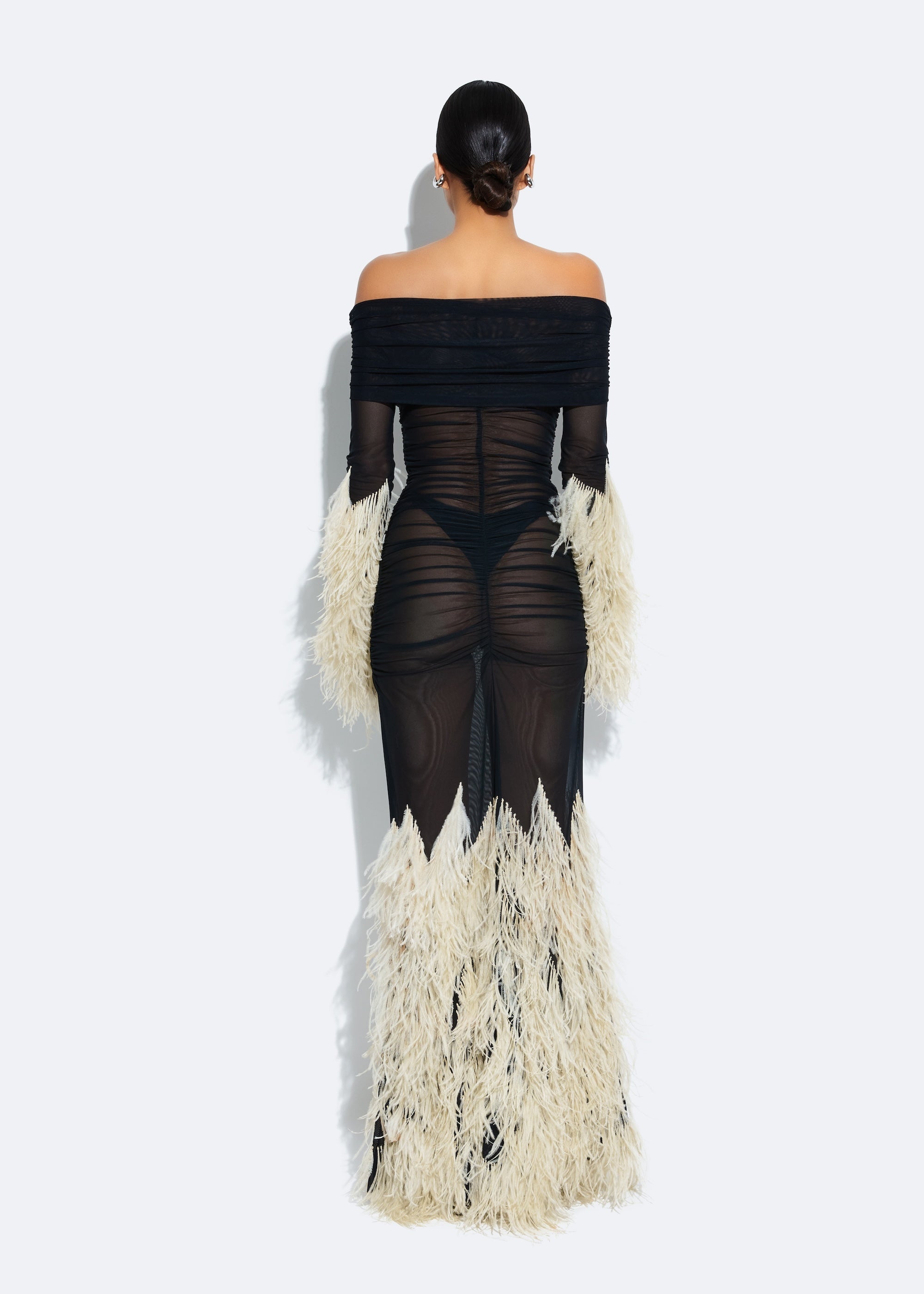 Mesh Off The Shoulder Gown With Feathers - 5