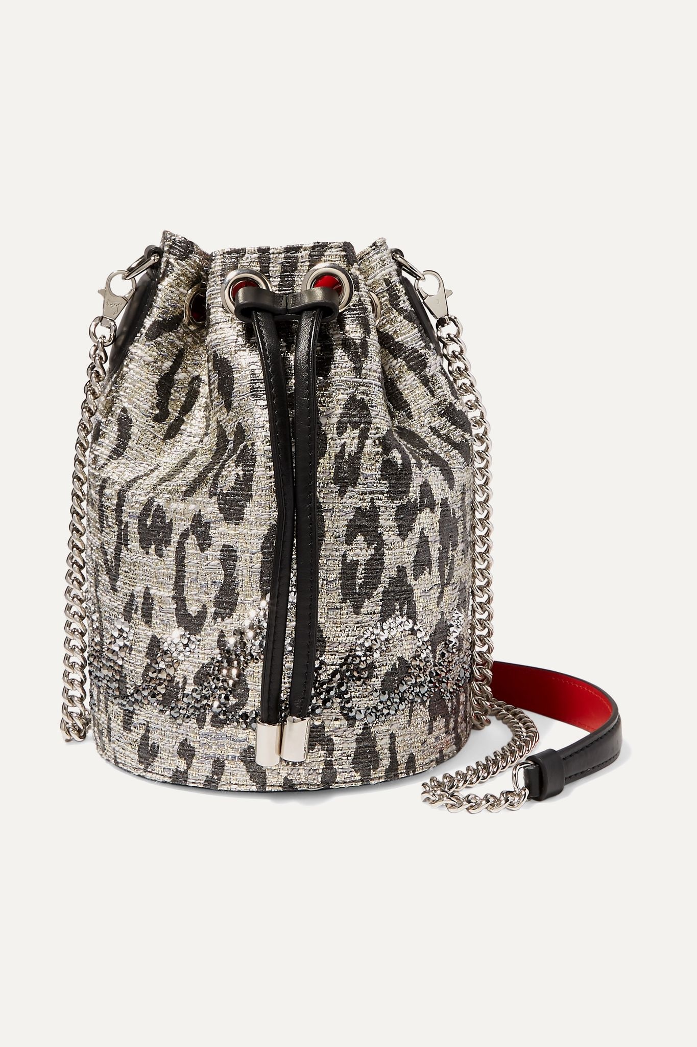 Marie Jane leather-trimmed crystal-embellished metallic tweed bucket bag - 1