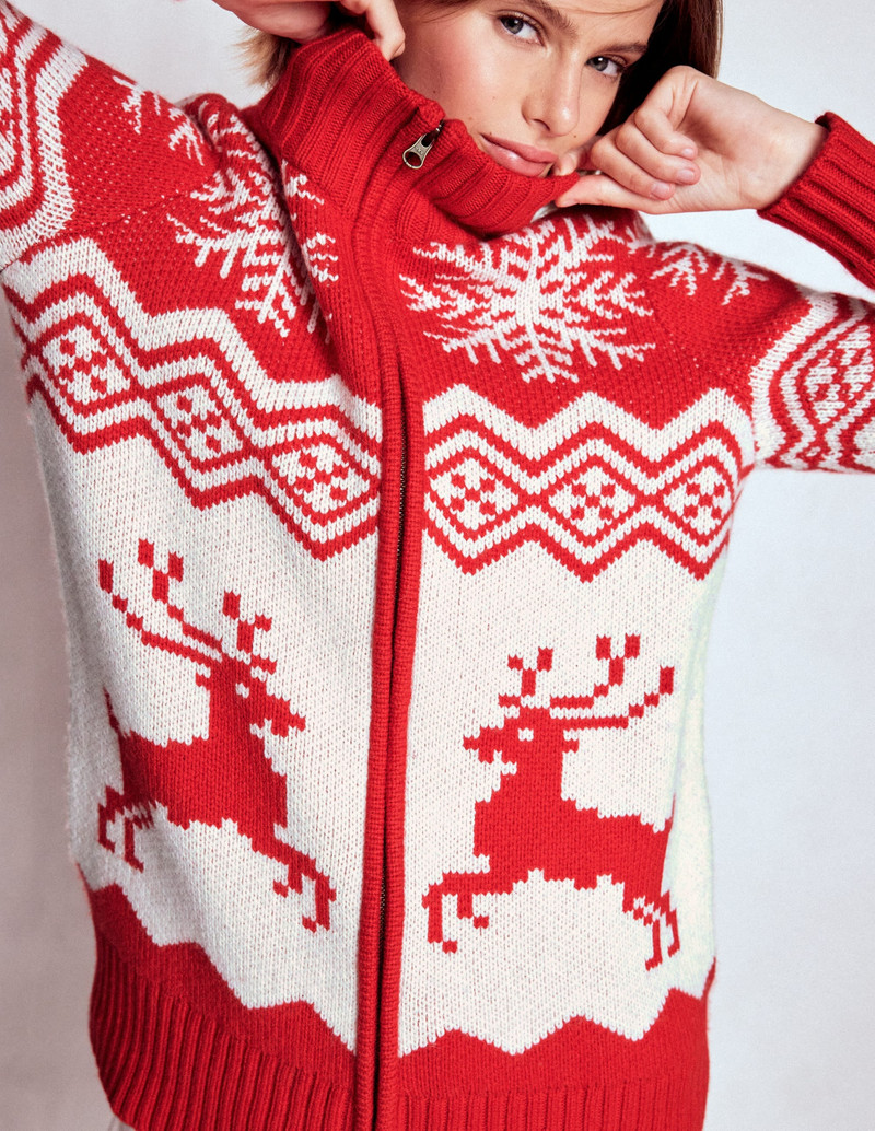 Zip Up Jacquard Cardigan-Poppy Red Reindeer 7