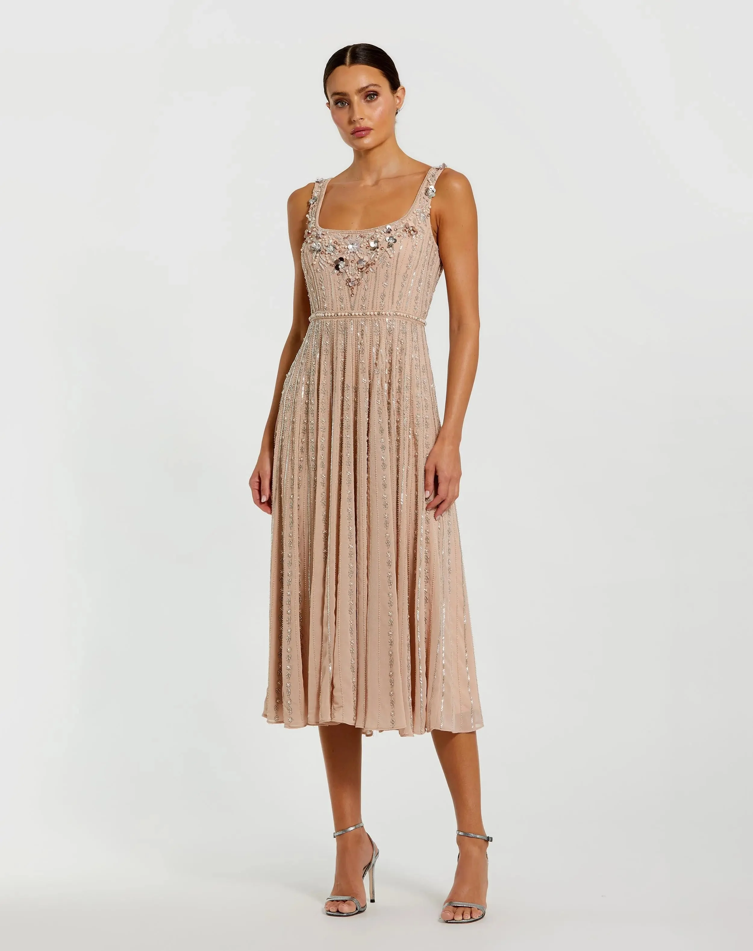 Pink Sleeveless Scoop Neck Embellished Midi Dress - 1