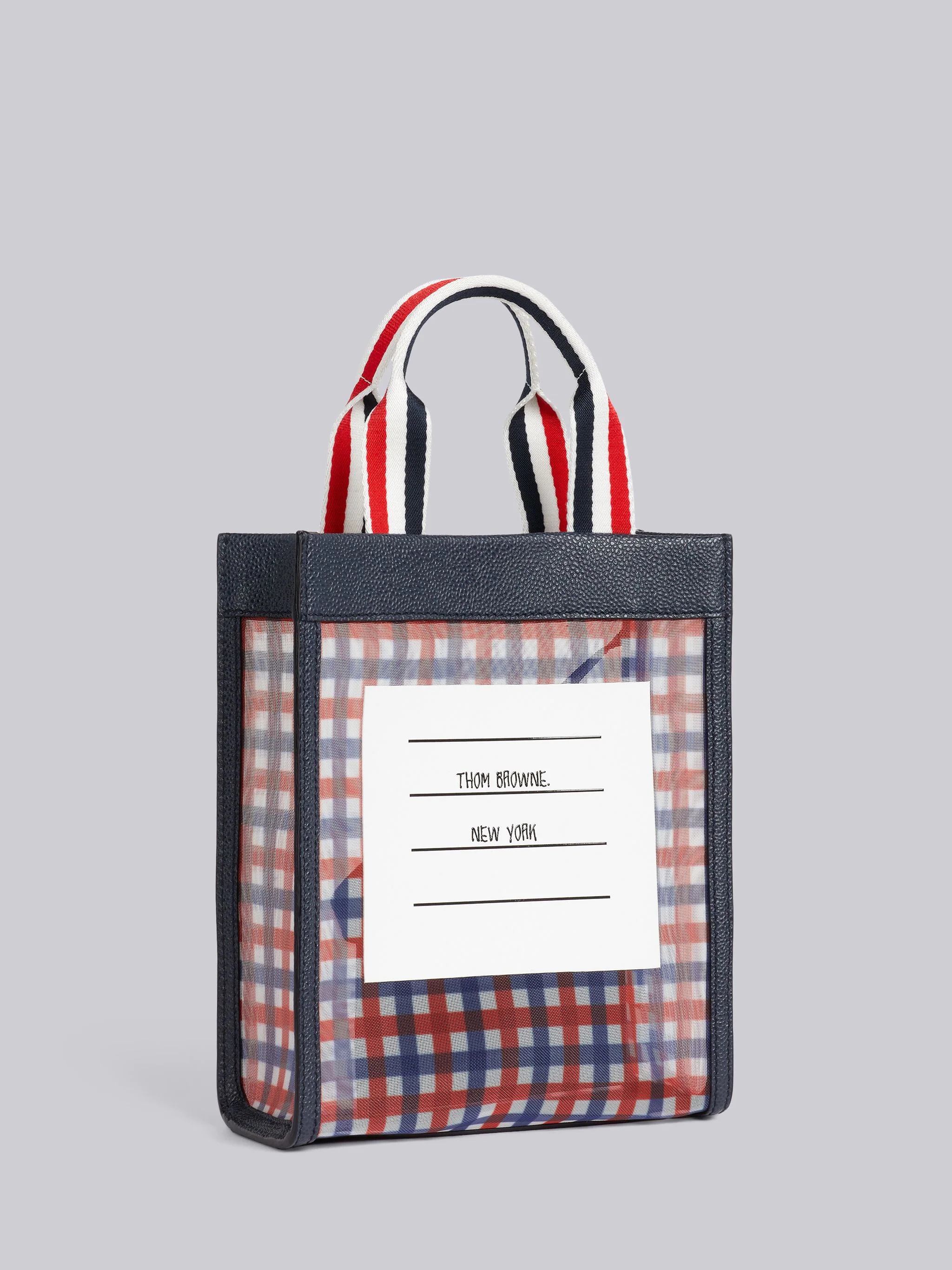 Multicolor Gingham Printed Mesh Paper Label Stripe Handle Small Tote - 3