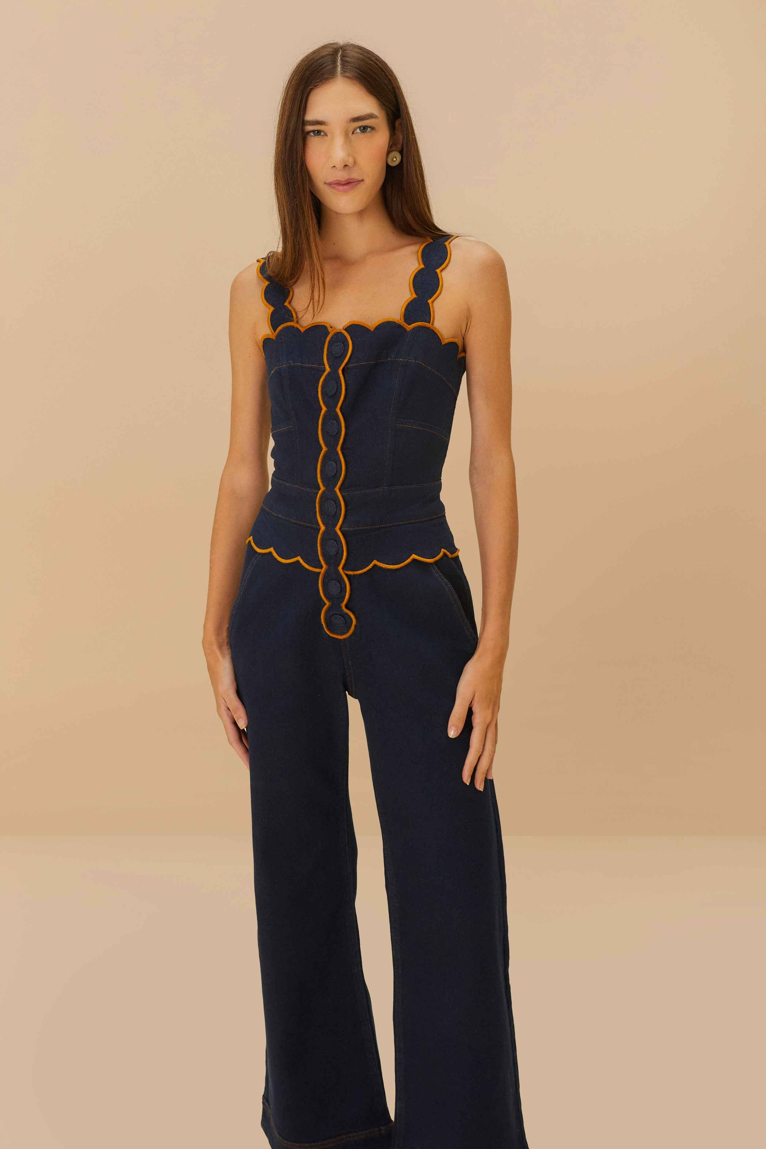 Dark Denim Wavy Trim Jumpsuit - 2