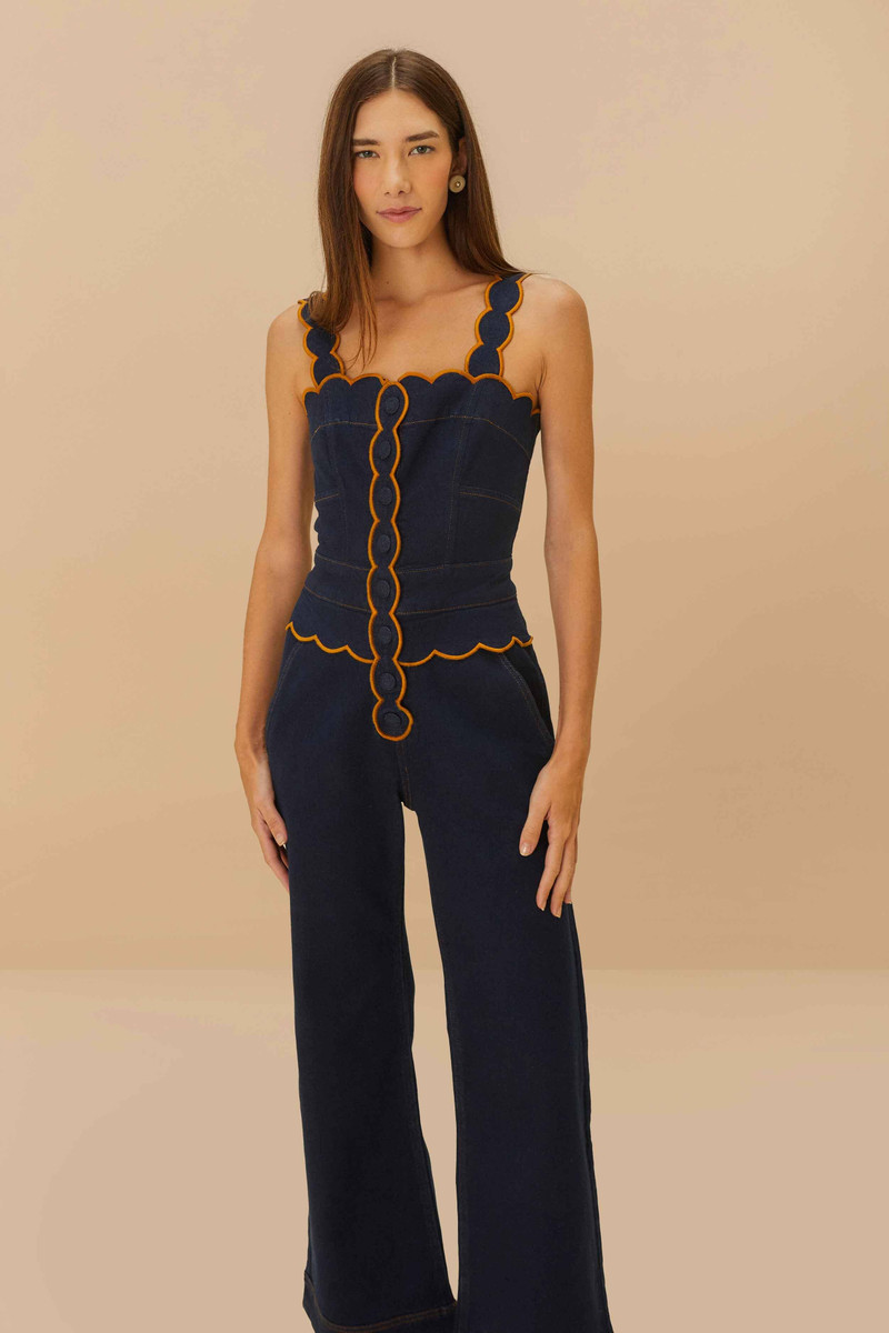 FARM RIO Dark Denim Wavy Trim Jumpsuit outlook