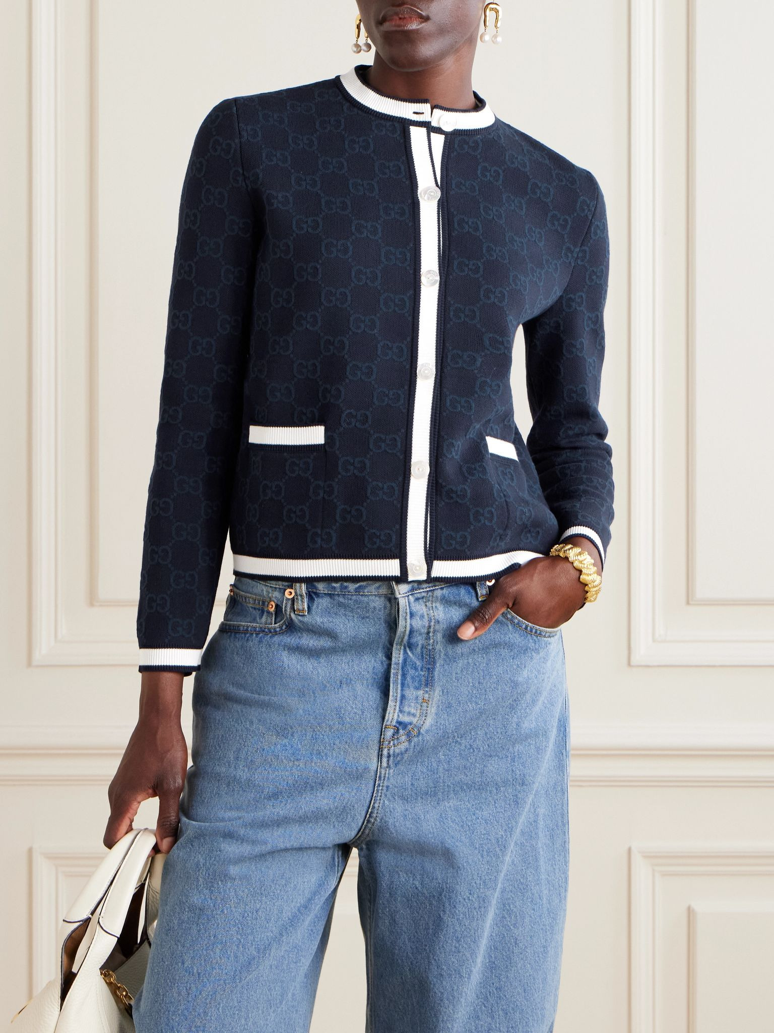 Striped jacquard-knit cotton cardigan Navy - 3