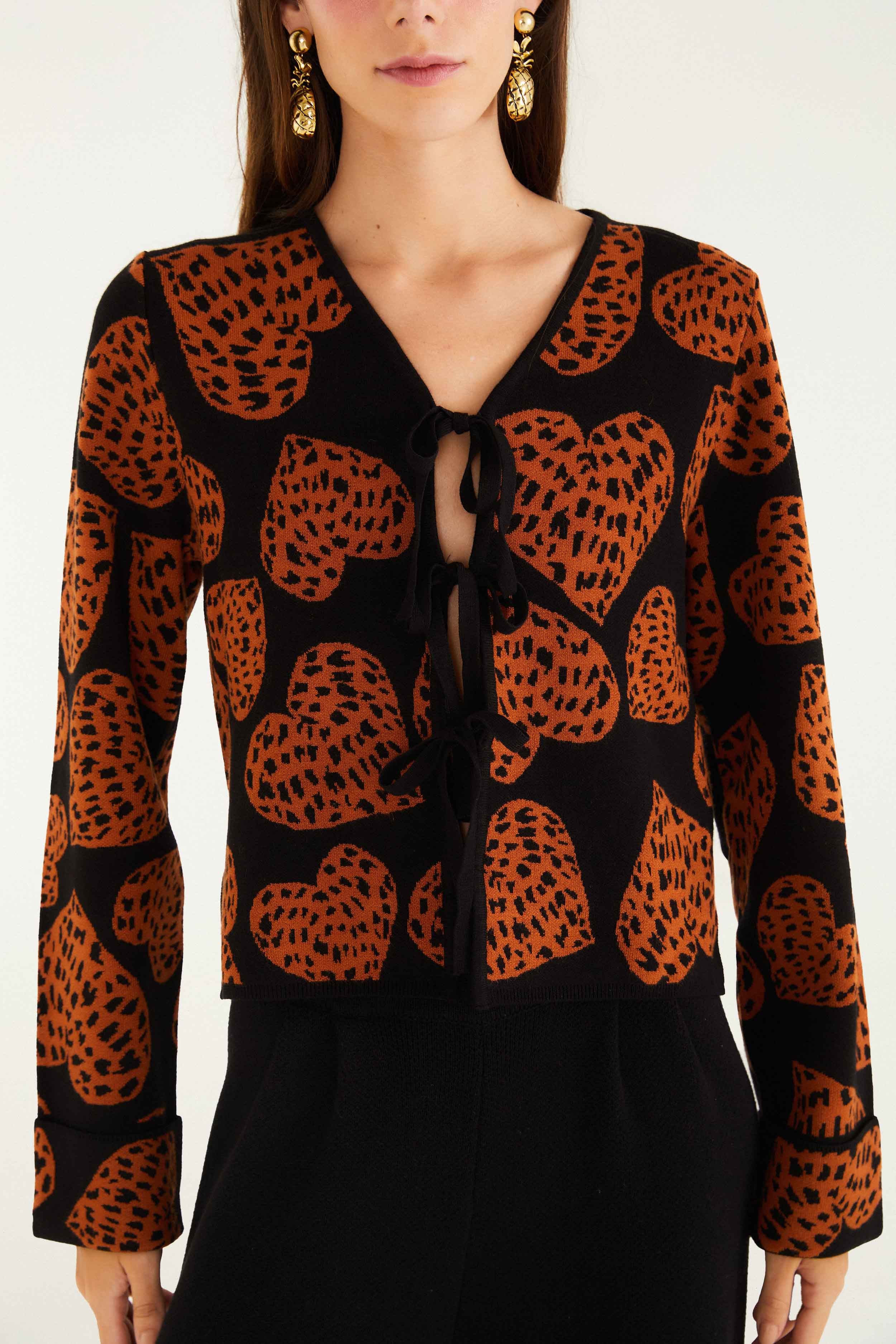Black Leopard Hearts Front Ties Knit Cardigan - 2