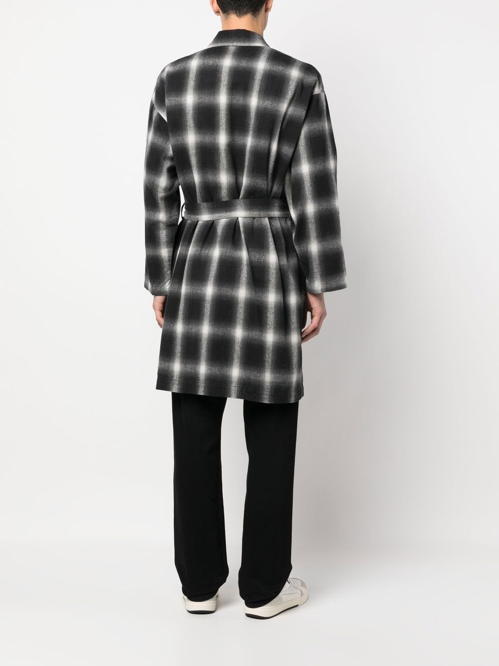 checkerboard print belted coat - 4