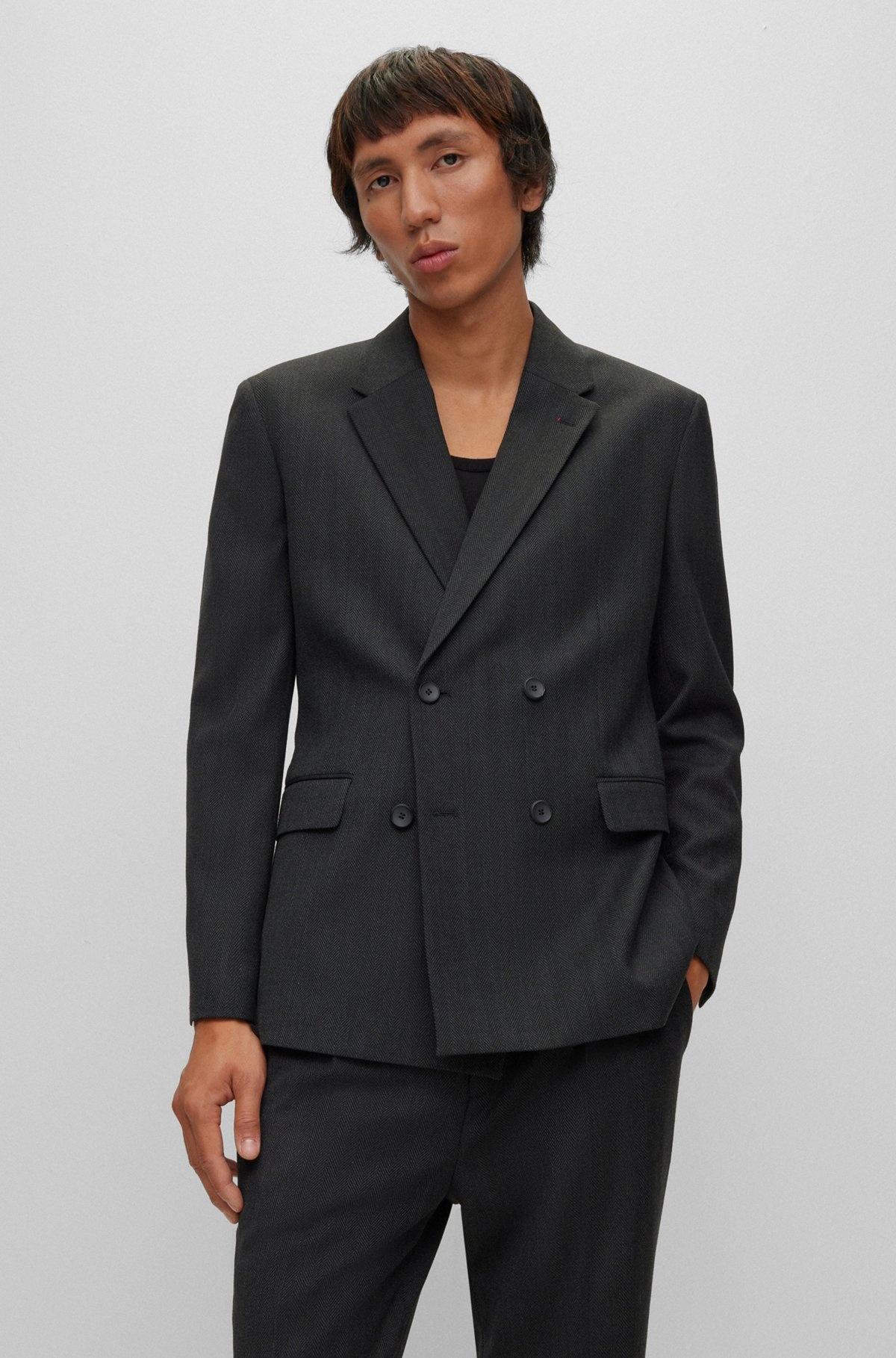 DOUBLE-BREASTED SLIM-FIT SUIT IN HERRINGBONE FABRIC - 3