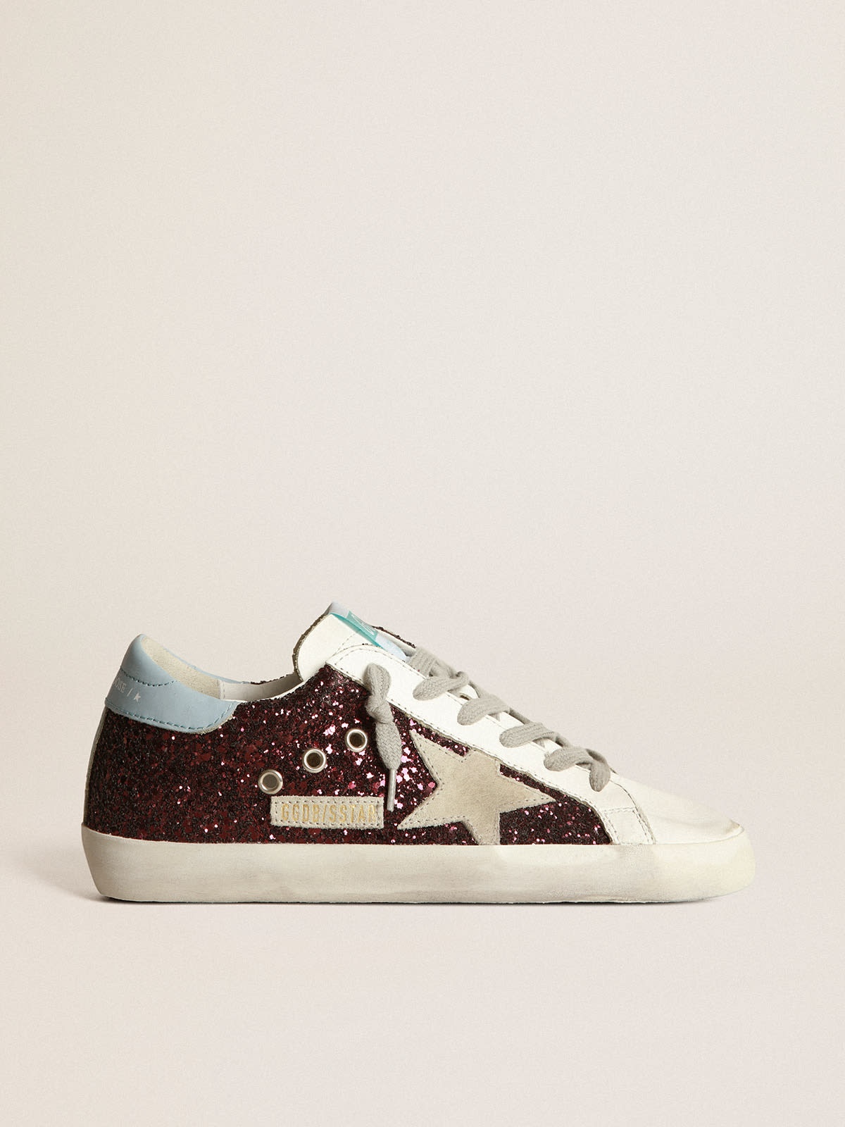 Super-Star sneakers in burgundy glitter with ice-gray suede star and light blue leather heel tab - 1