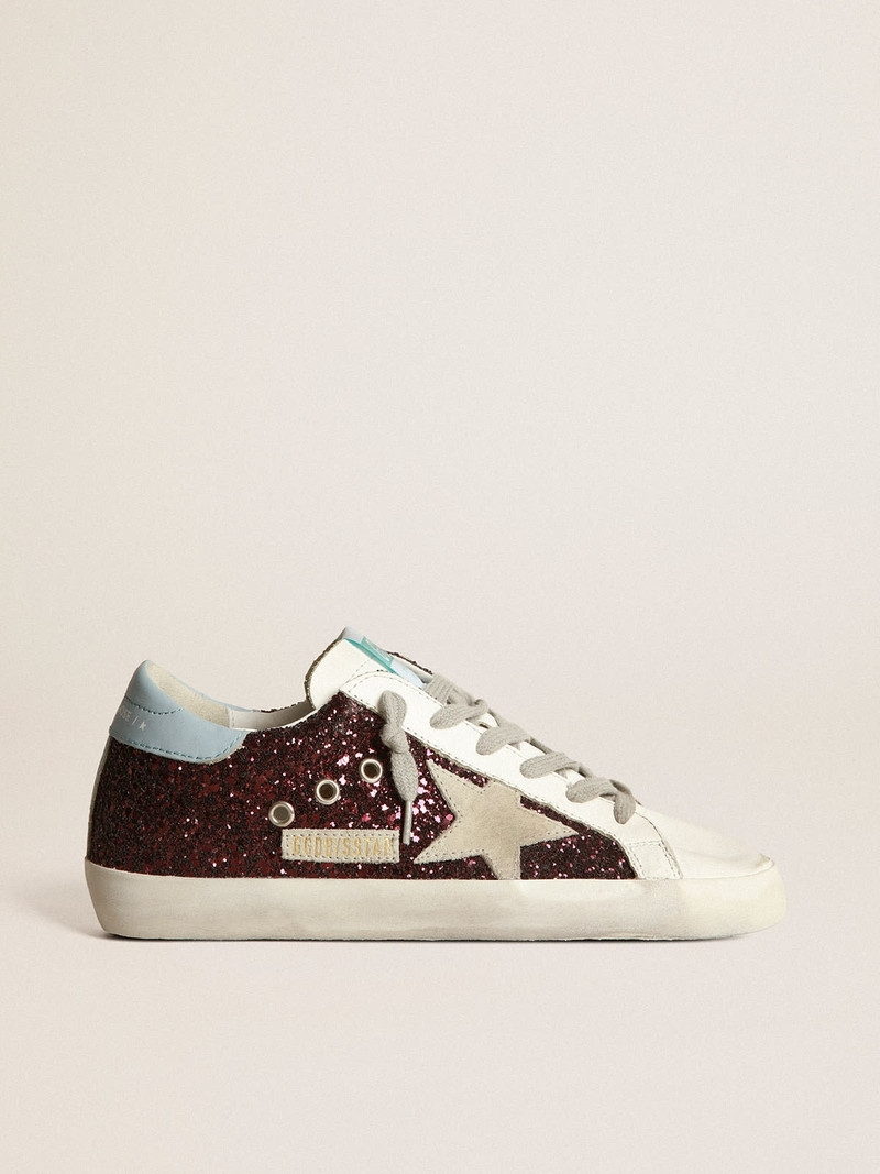 Super-Star sneakers in burgundy glitter with ice-gray suede star 과 light blue 가죽 heel tab - 1