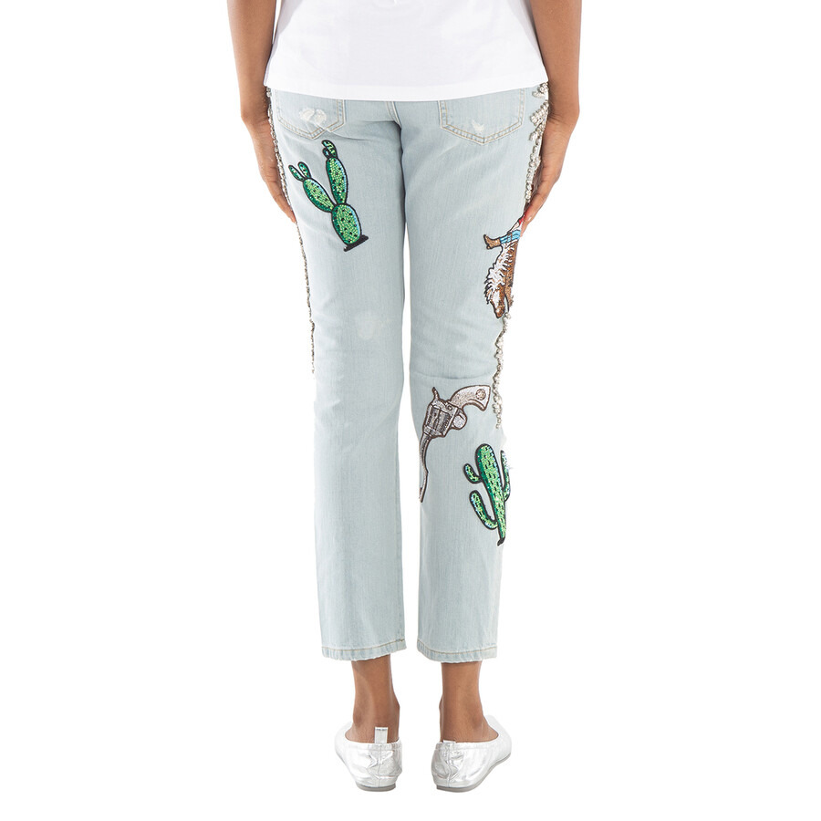 Philipp Plein Boyfriend Cowboy Patch-Embellished Jeans, Waist Size 26" - 6