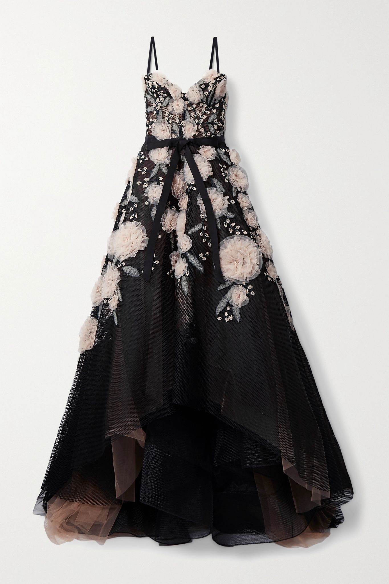 Layered grosgrain-trimmed embellished fishnet and tulle gown - 1