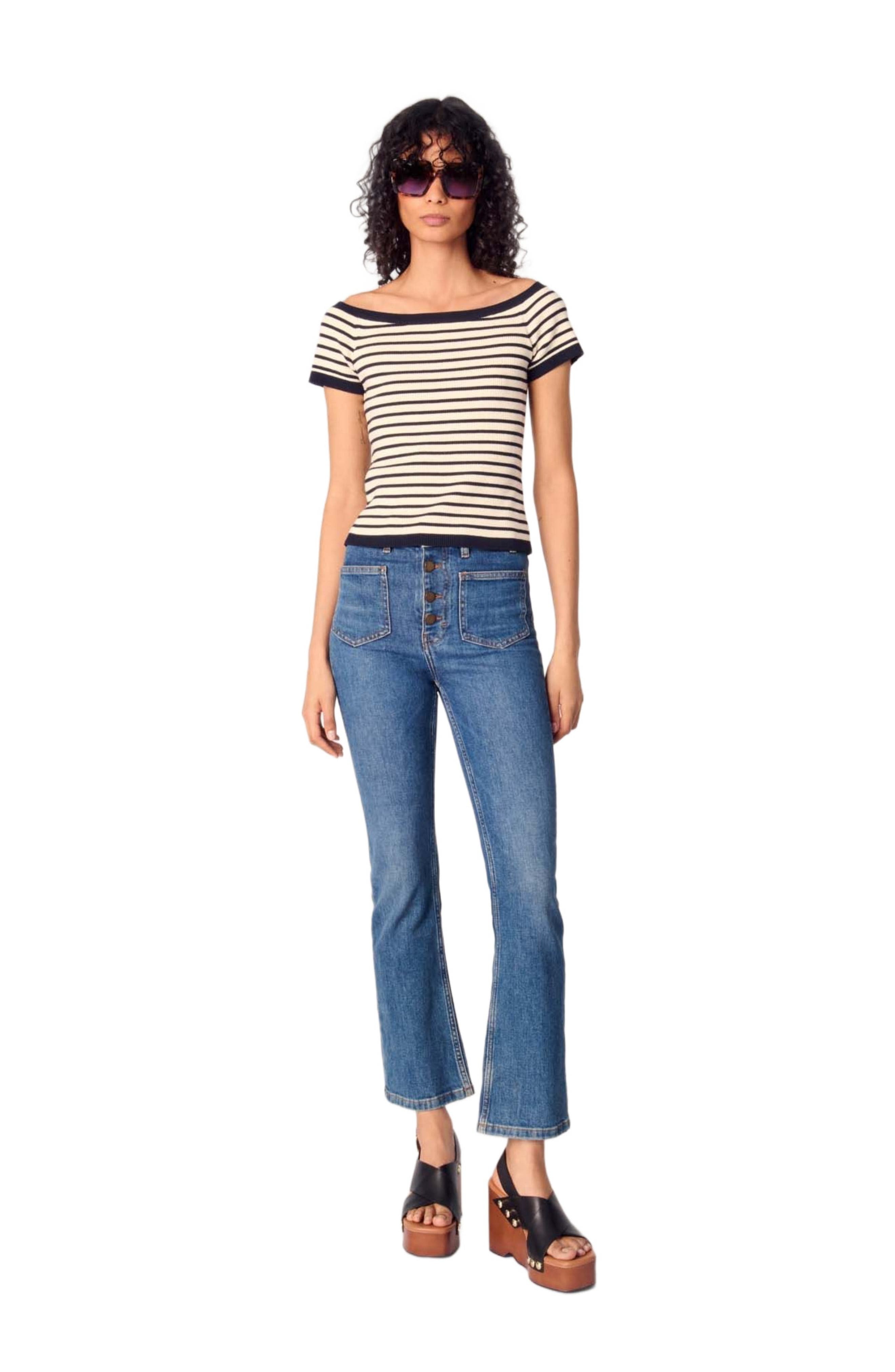 maje Rib knit short sleeve boat neck top in Navy /Ecru at Nordstrom - 1