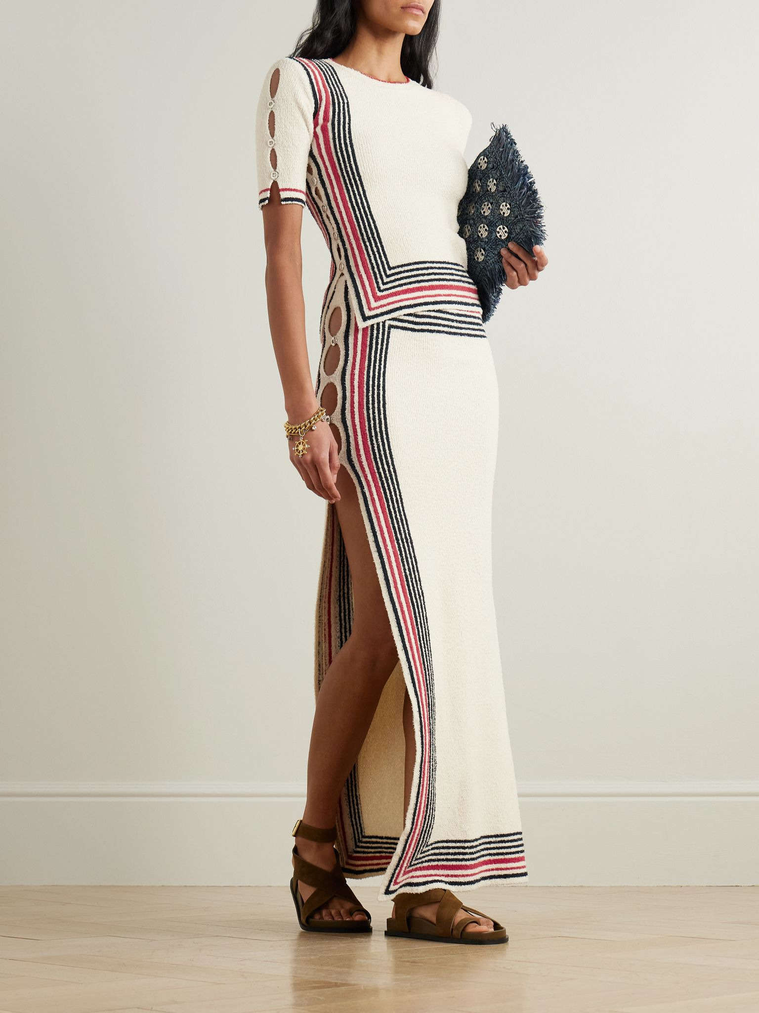 Button-embellished striped cotton-blend chenille sweater Off-white - 2