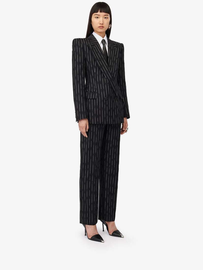 Women's Double-breasted Broken Pinstripe Jacket in Black/ivory - 3