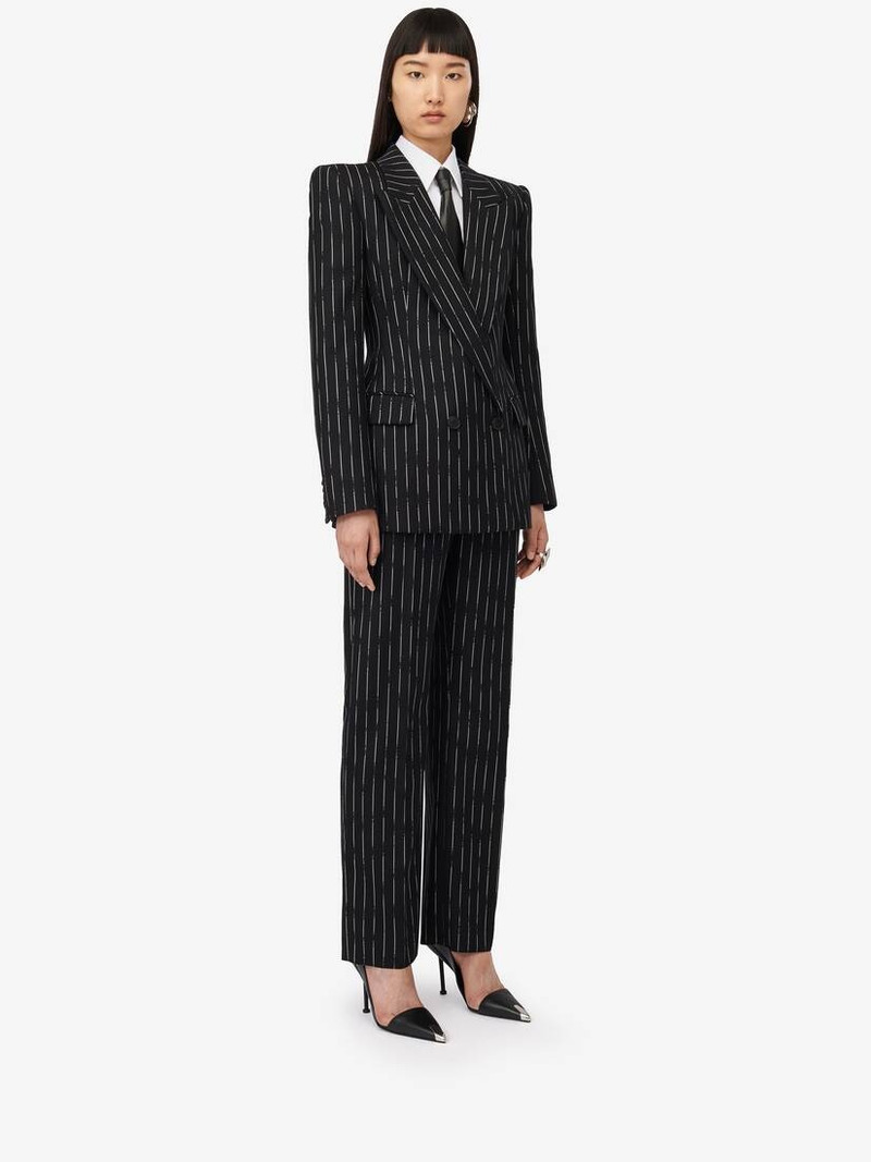 Women's Double-breasted Broken Pinstripe Jacket in Black/ivory 3