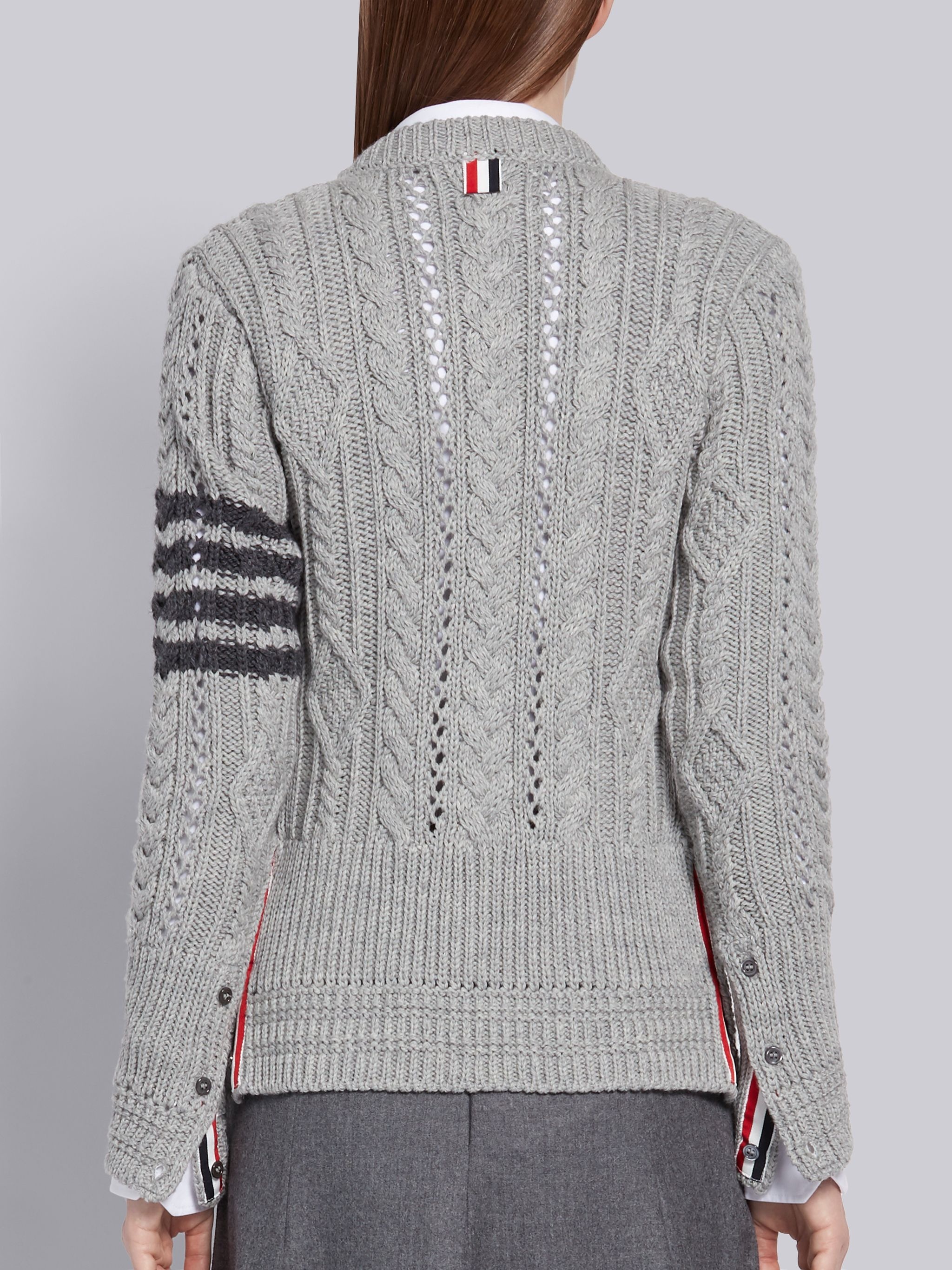 Light Grey Fine Merino Wool Aran Cable Classic Crewneck 4-Bar Cardigan - 3