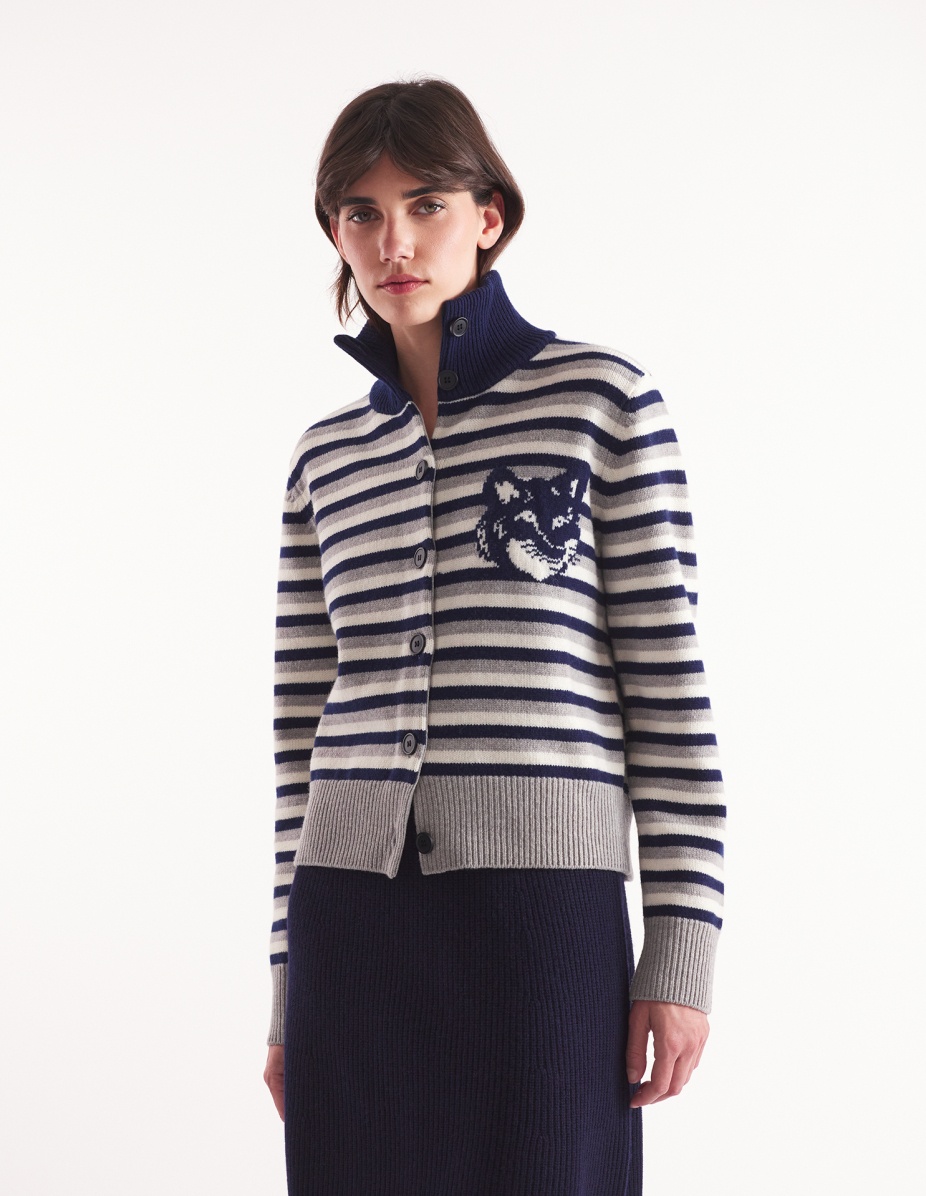 FOX HEAD INTARSIA STRIPED HIGH NECK CARDIGAN - 3