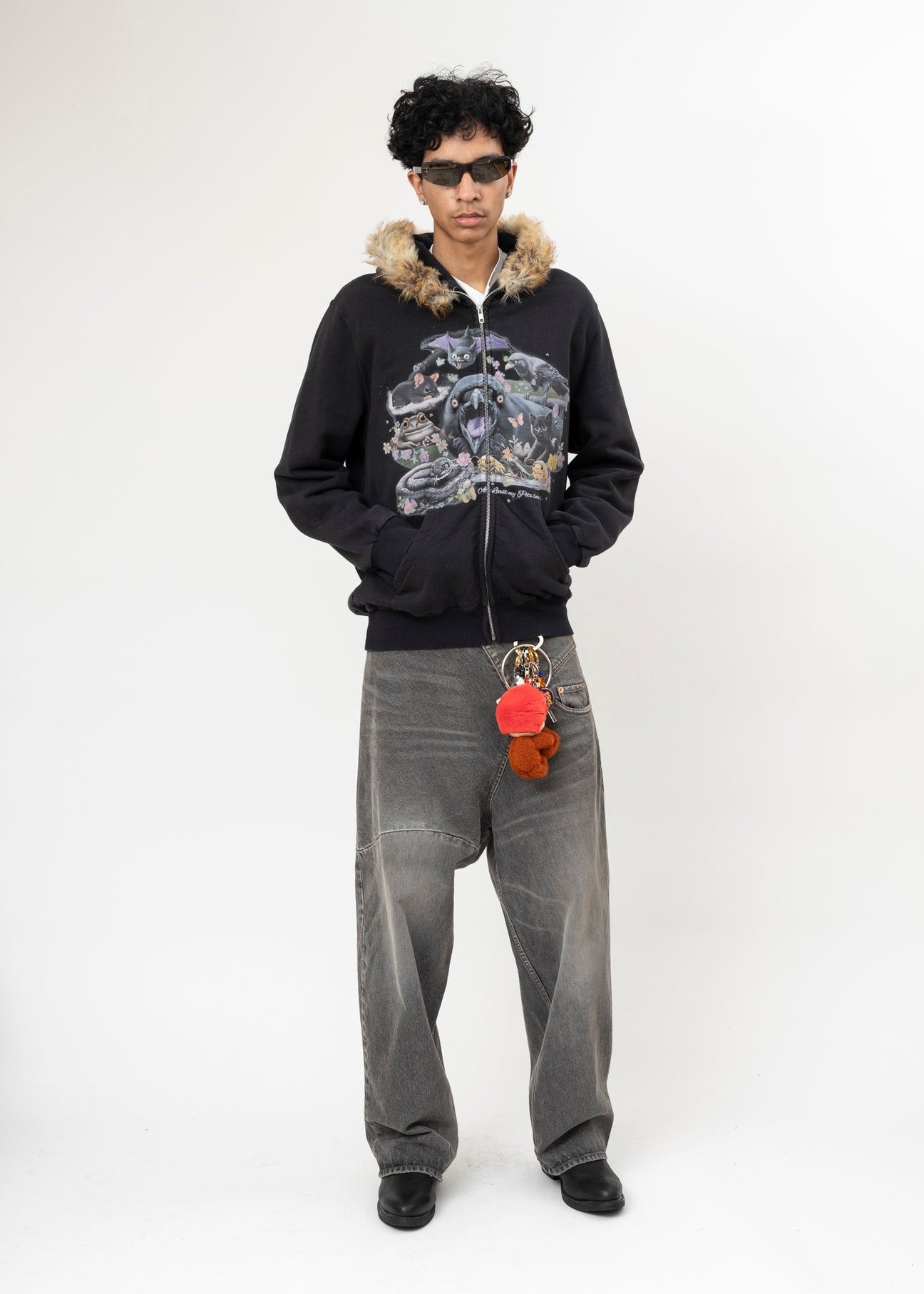 BLACK DOUBLET FURRY COLLAR ZIP-UP HOODIE - 5