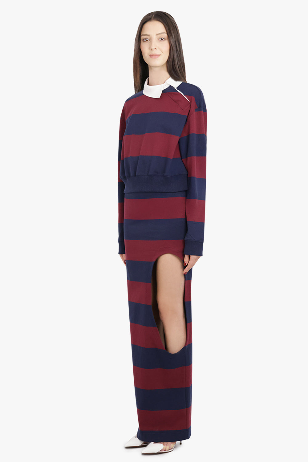CUT OUT STRIPE PENCIL MAXI SKIRT | BURGUNDY/NAVY - 4