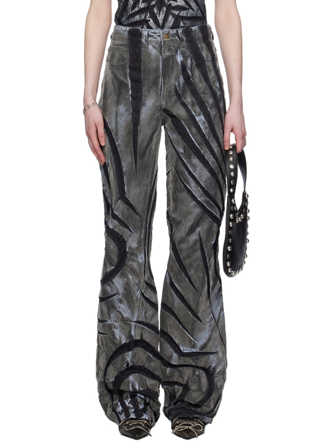 Black & Gray Flocked Jeans - 1