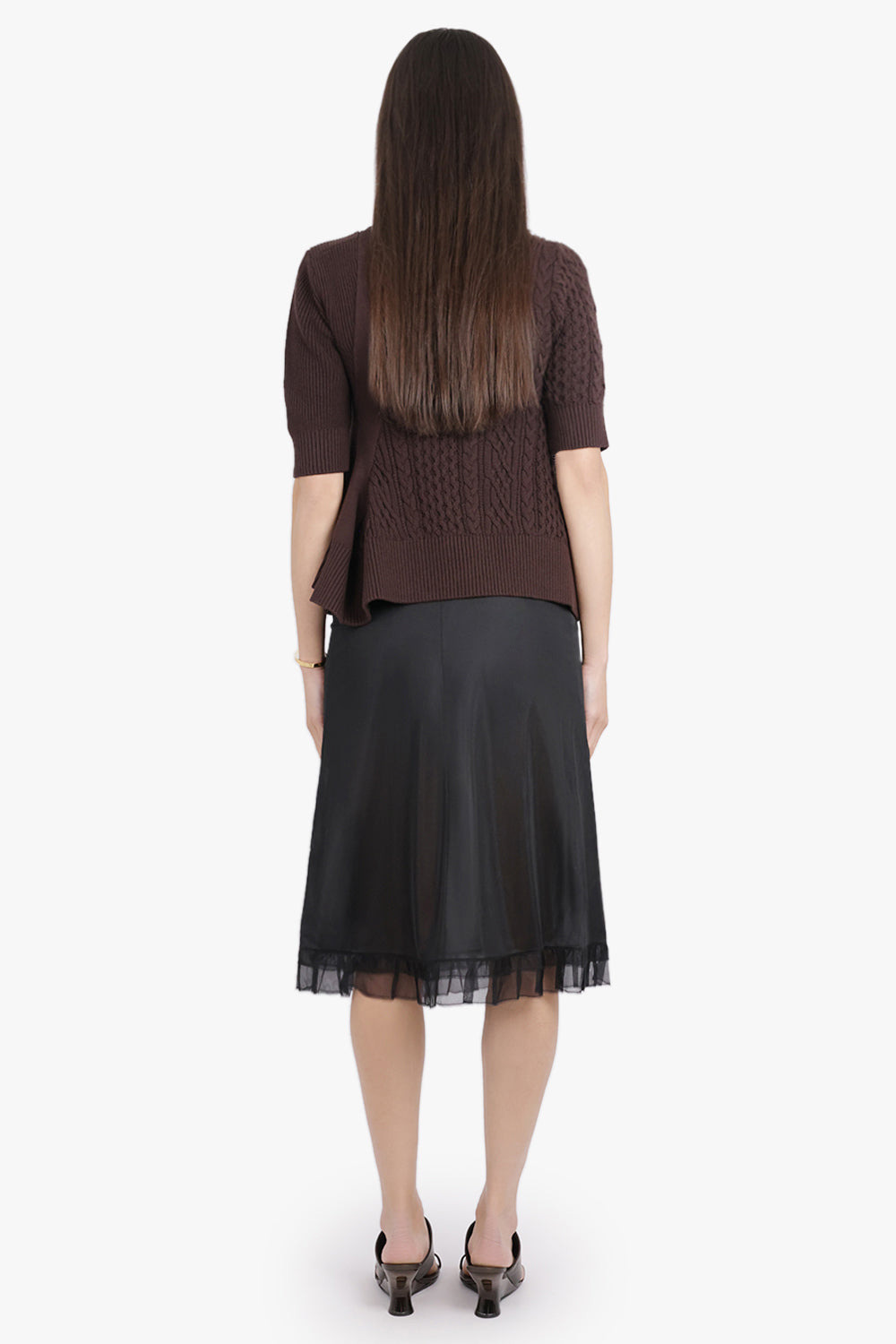 LAYERED MIDI SKIRT WITH CHECK UNDERLAY | BLACK/BROWN - 5