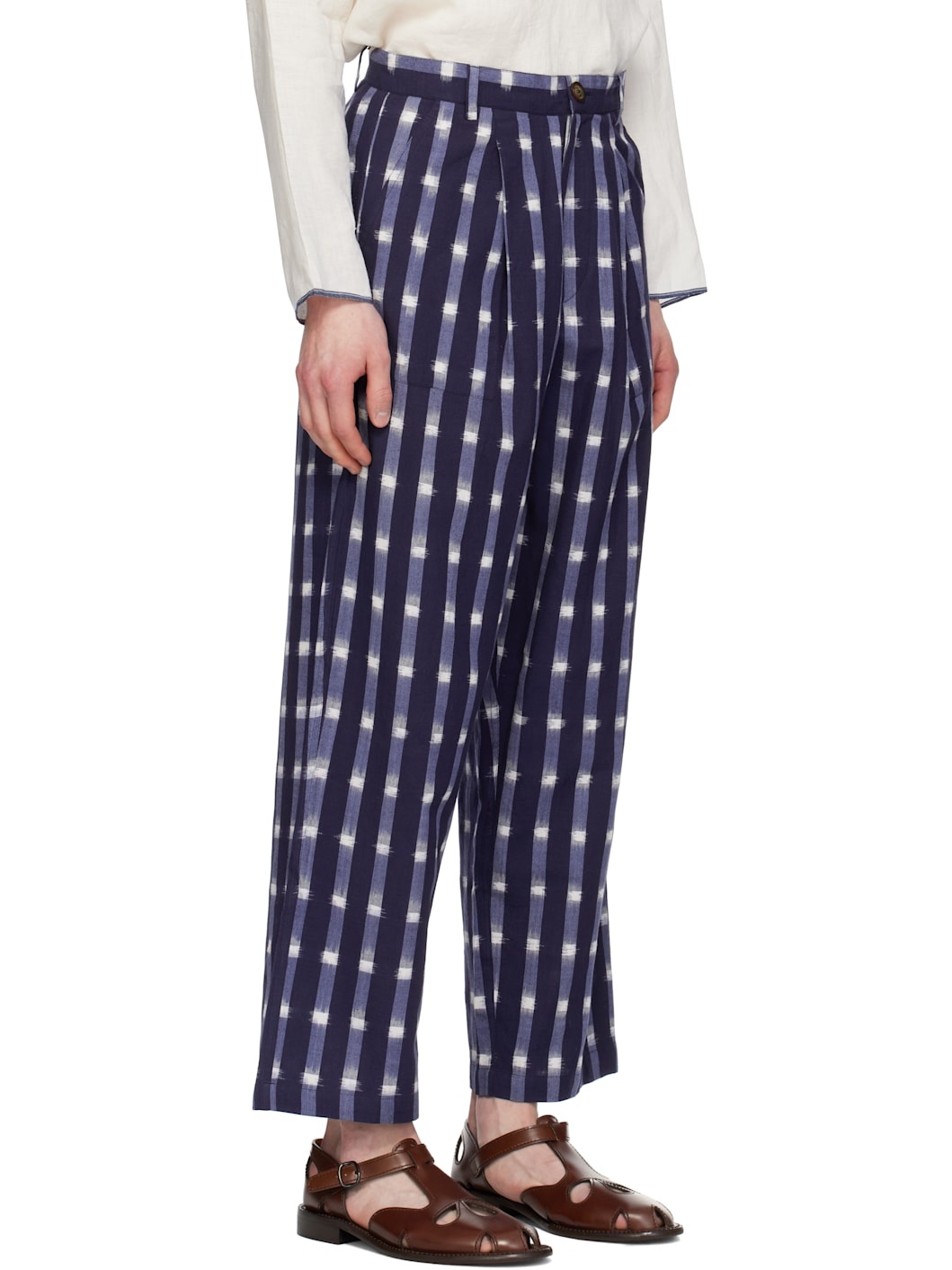 Navy Ikat Wide Leg Pleated Trousers - 2