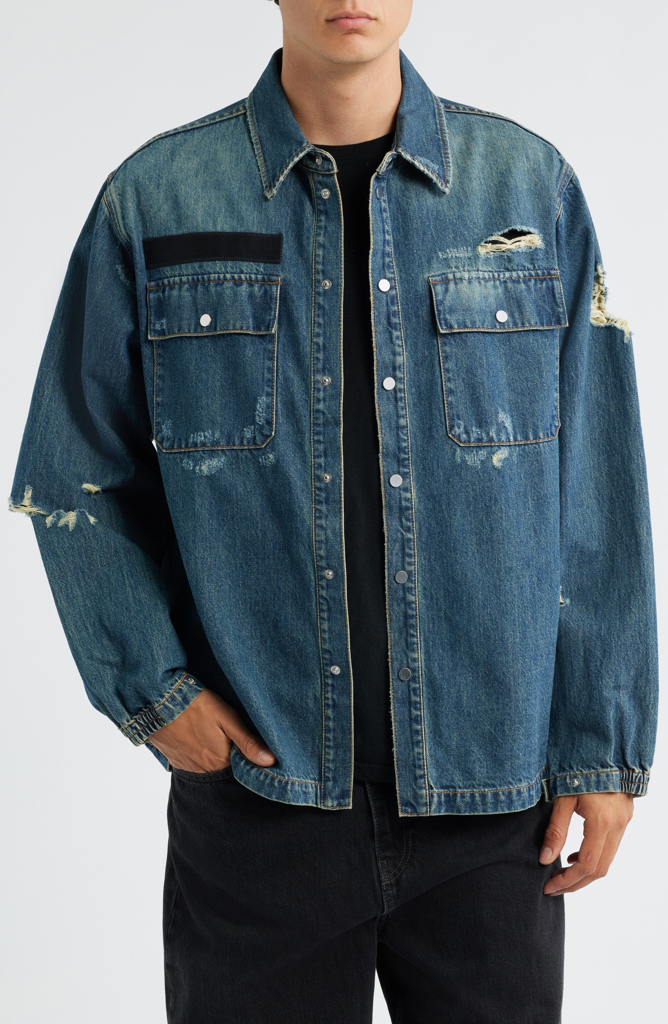 Helmut Lang DIstressed Uniform Denim Snap-Up Shirt in Tinted Vintage - 2