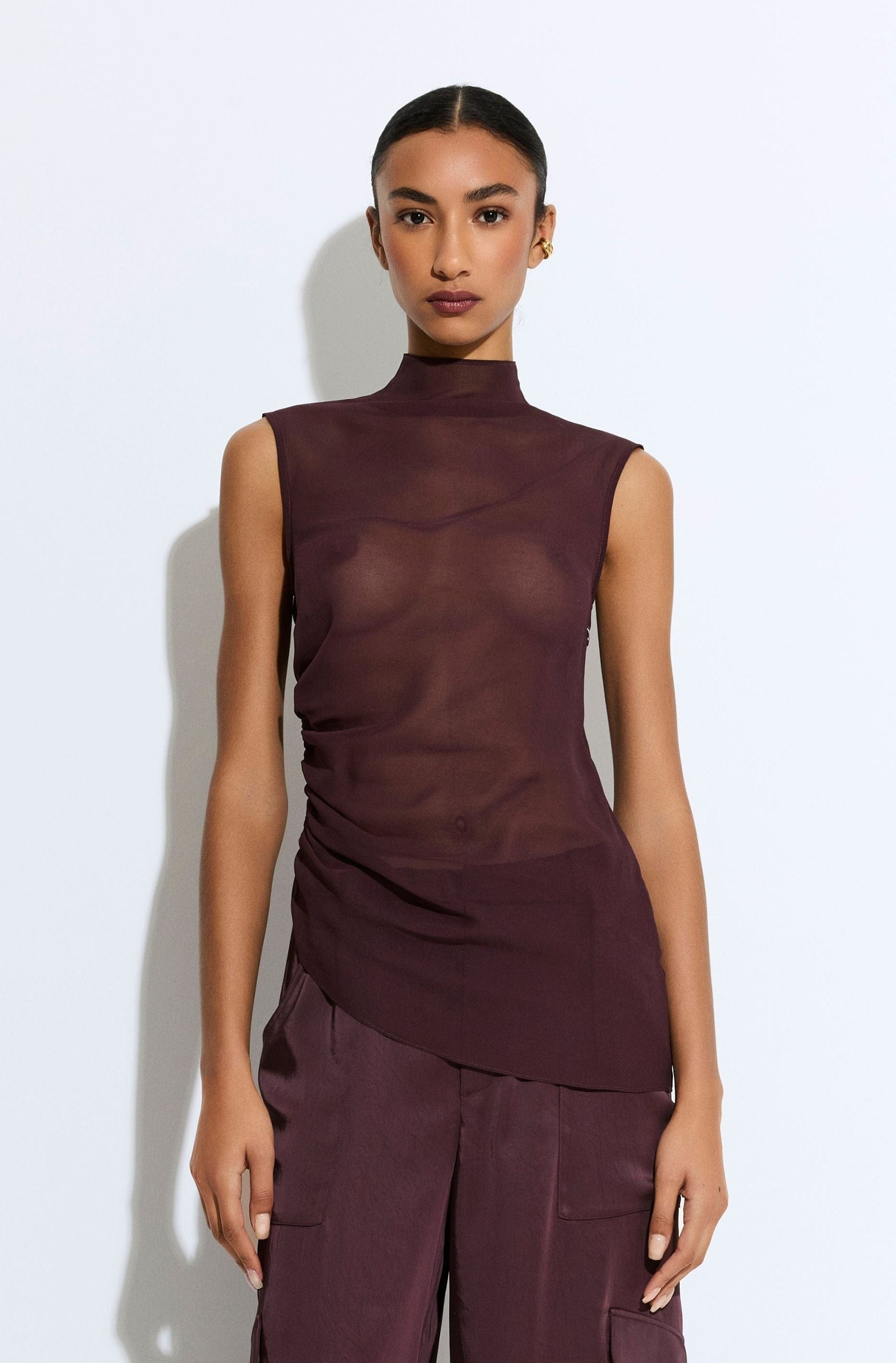 Lightweight Georgette Mock Neck Ruched Top - 2