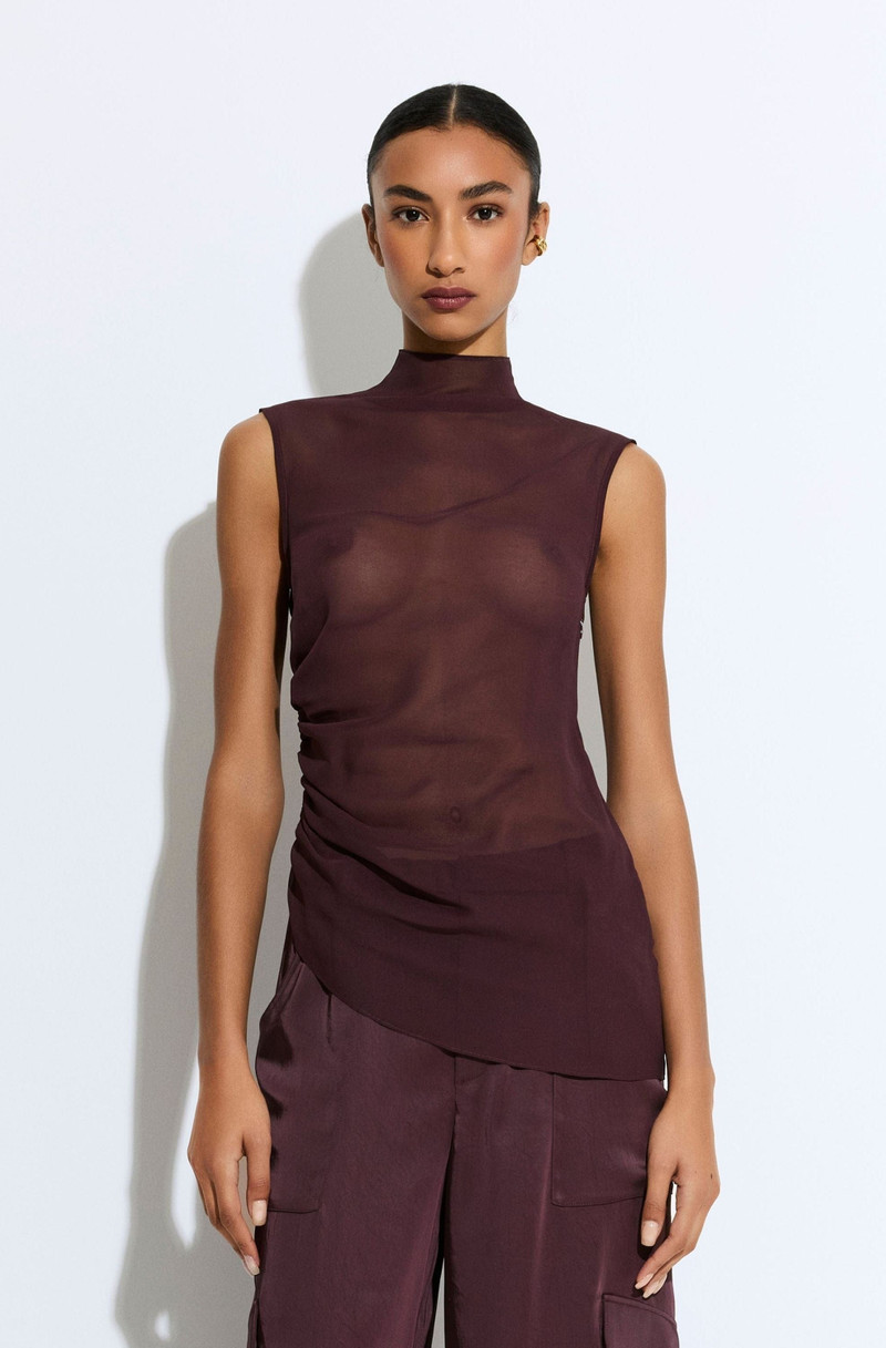 LAPOINTE Lightweight Georgette Mock Neck Ruched Top outlook