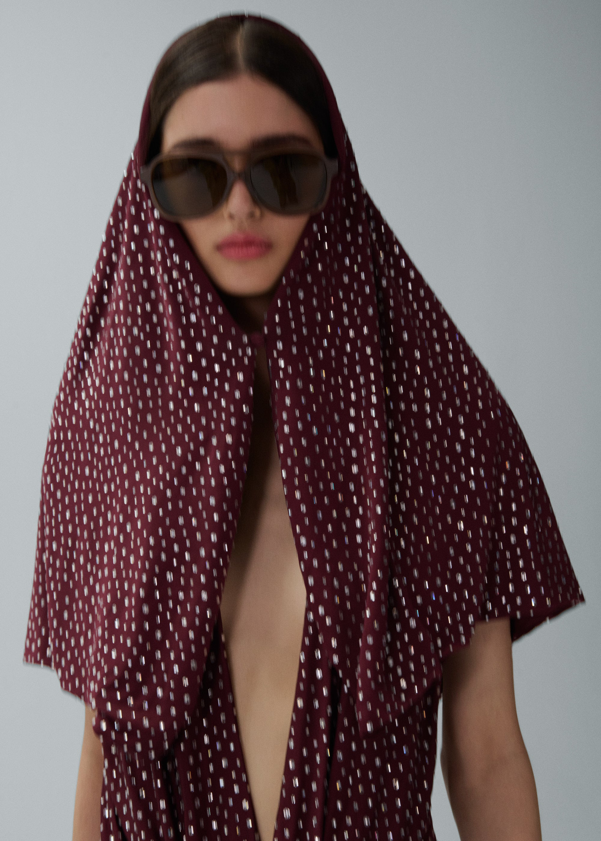 Hooded plunge maxi dress in bordeaux crystals - 5