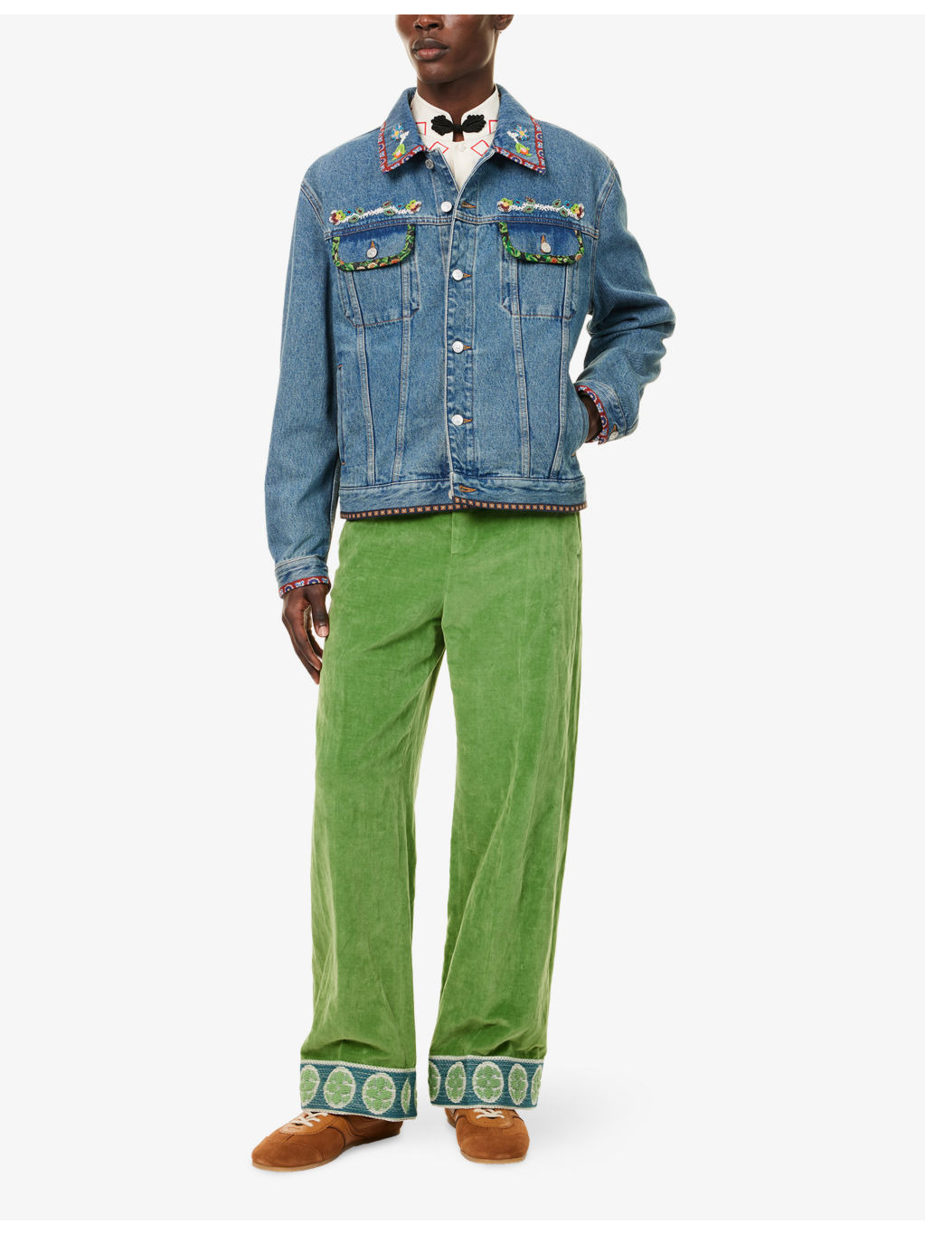 Beaded-Embellishment Printed-Trims Denim Jacket - 2