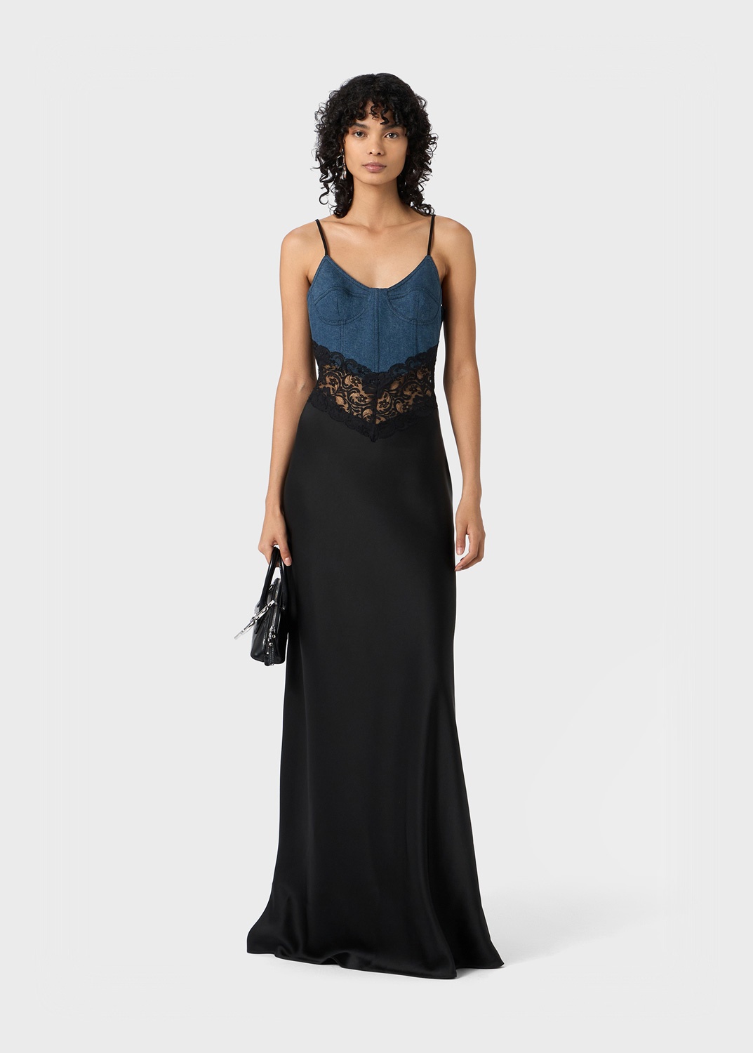 SATIN LONG DRESS WITH DENIM AND LACE INSERTS - 2