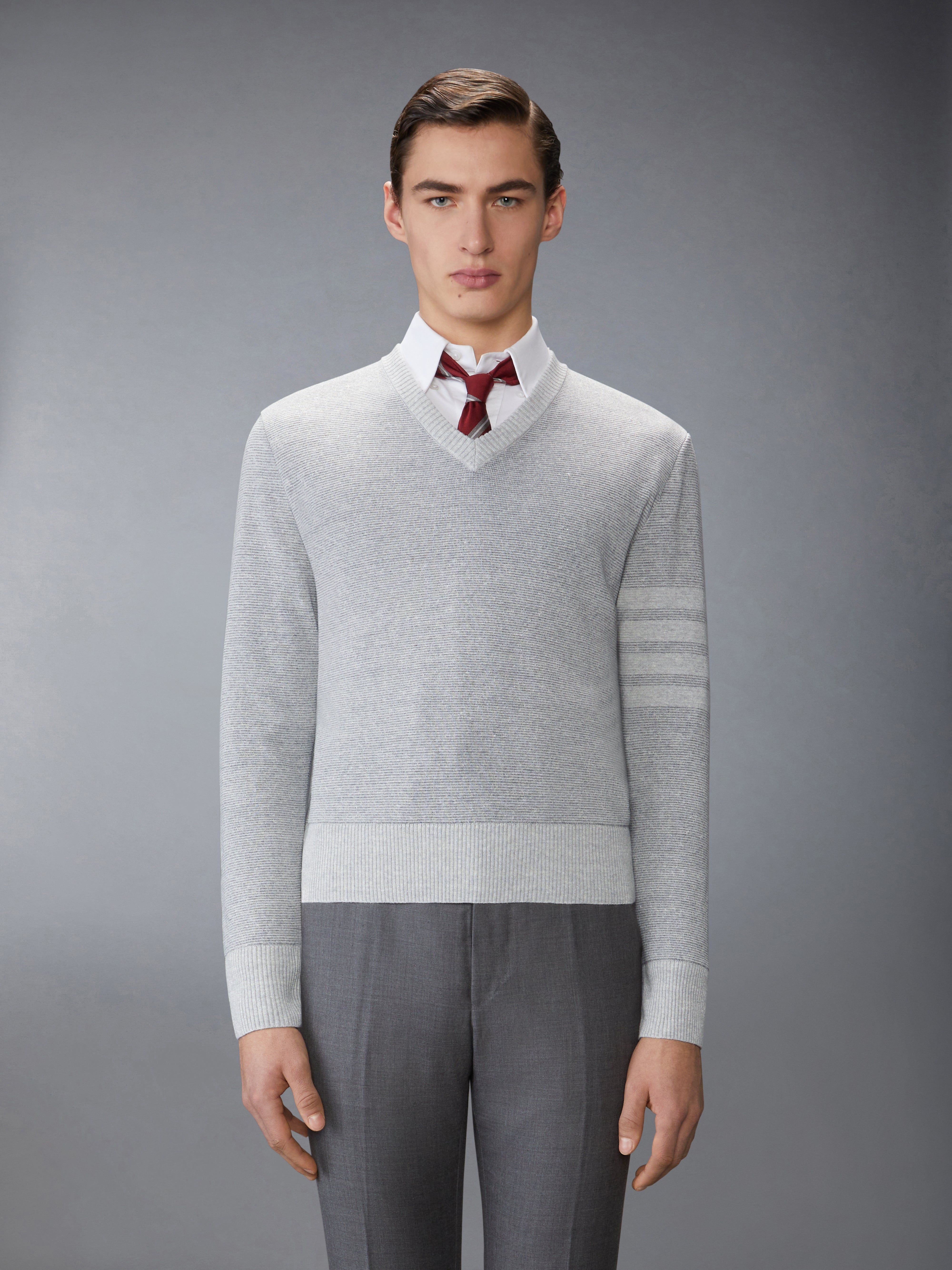 TEXTURED STRIPED STITCH 4-BAR RELAXED FIT V NECK PULLOVER - 2