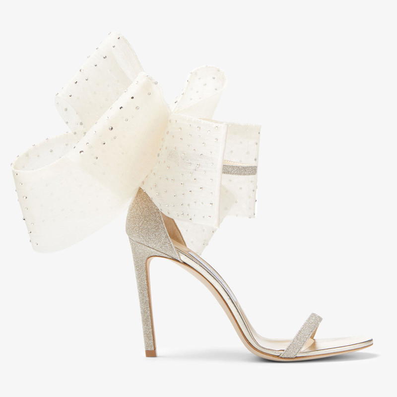 Aveline 100 Ivory Sandals with Asymmetric Crystal Hotfix Bows - 1