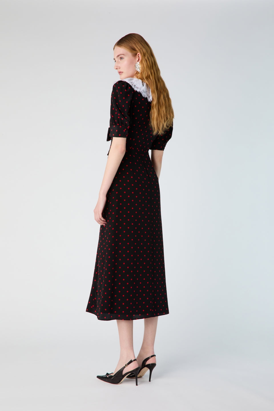 POLKA DOT PRINT SILK DRESS WITH LACE COLLAR, BOW - 5