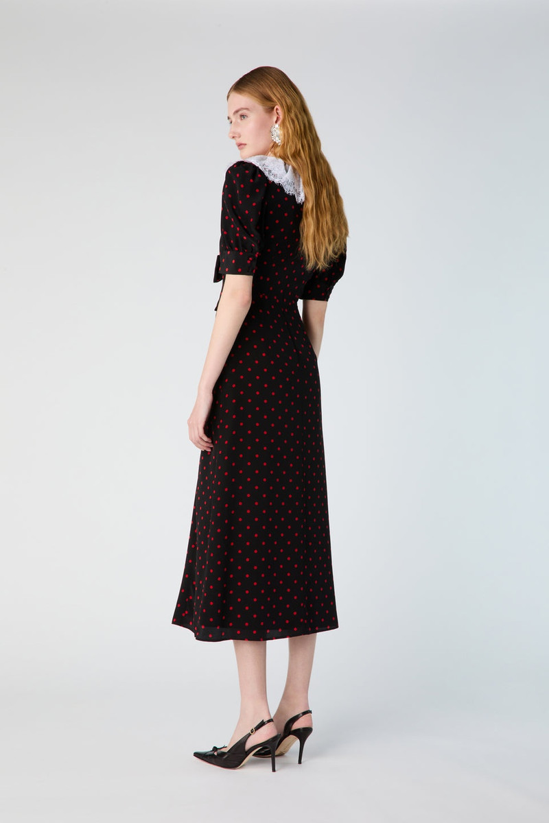 POLKA DOT PRINT SILK DRESS WITH LACE COLLAR, BOW 5