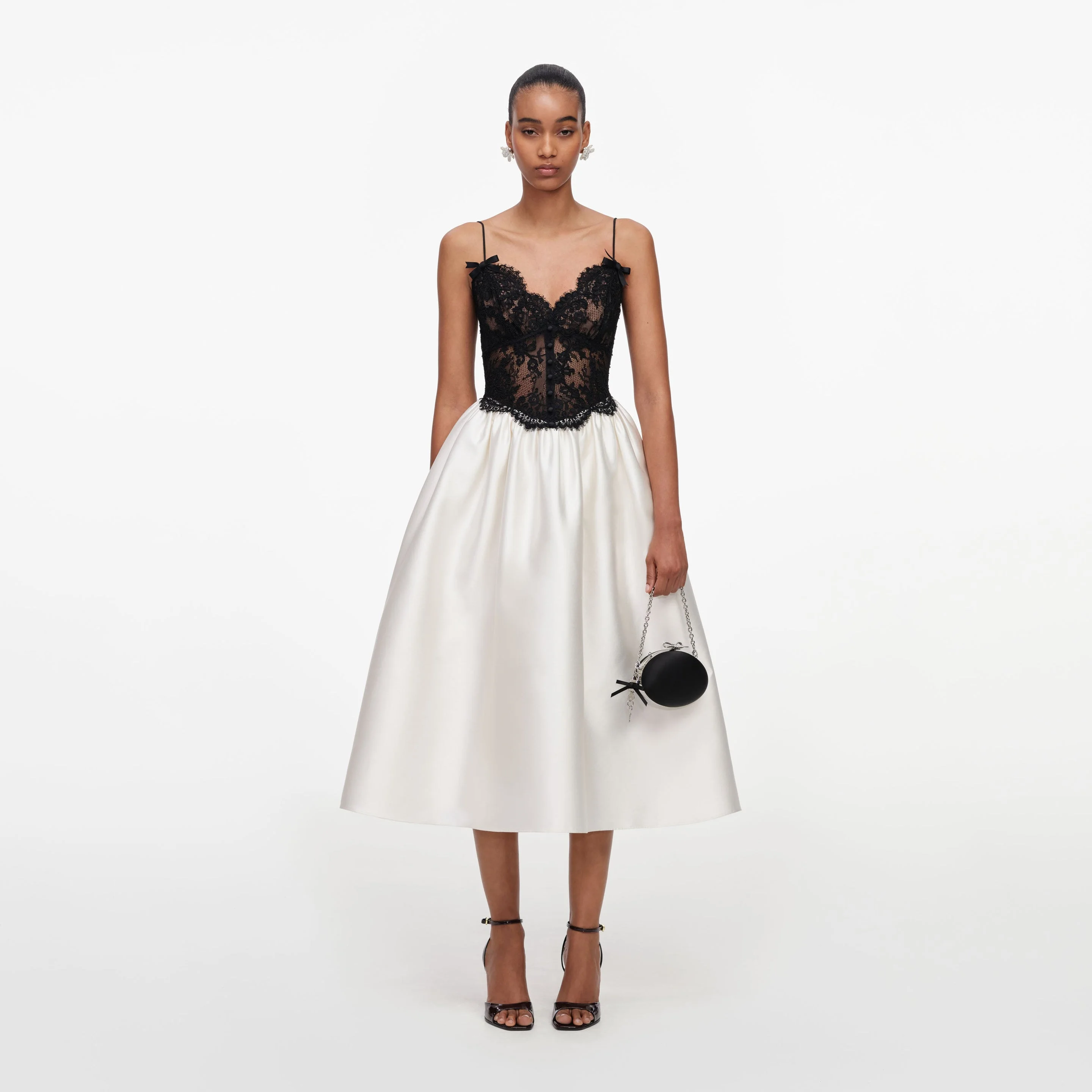 Cream Taffeta Contrast Lace Midi Dress - 1
