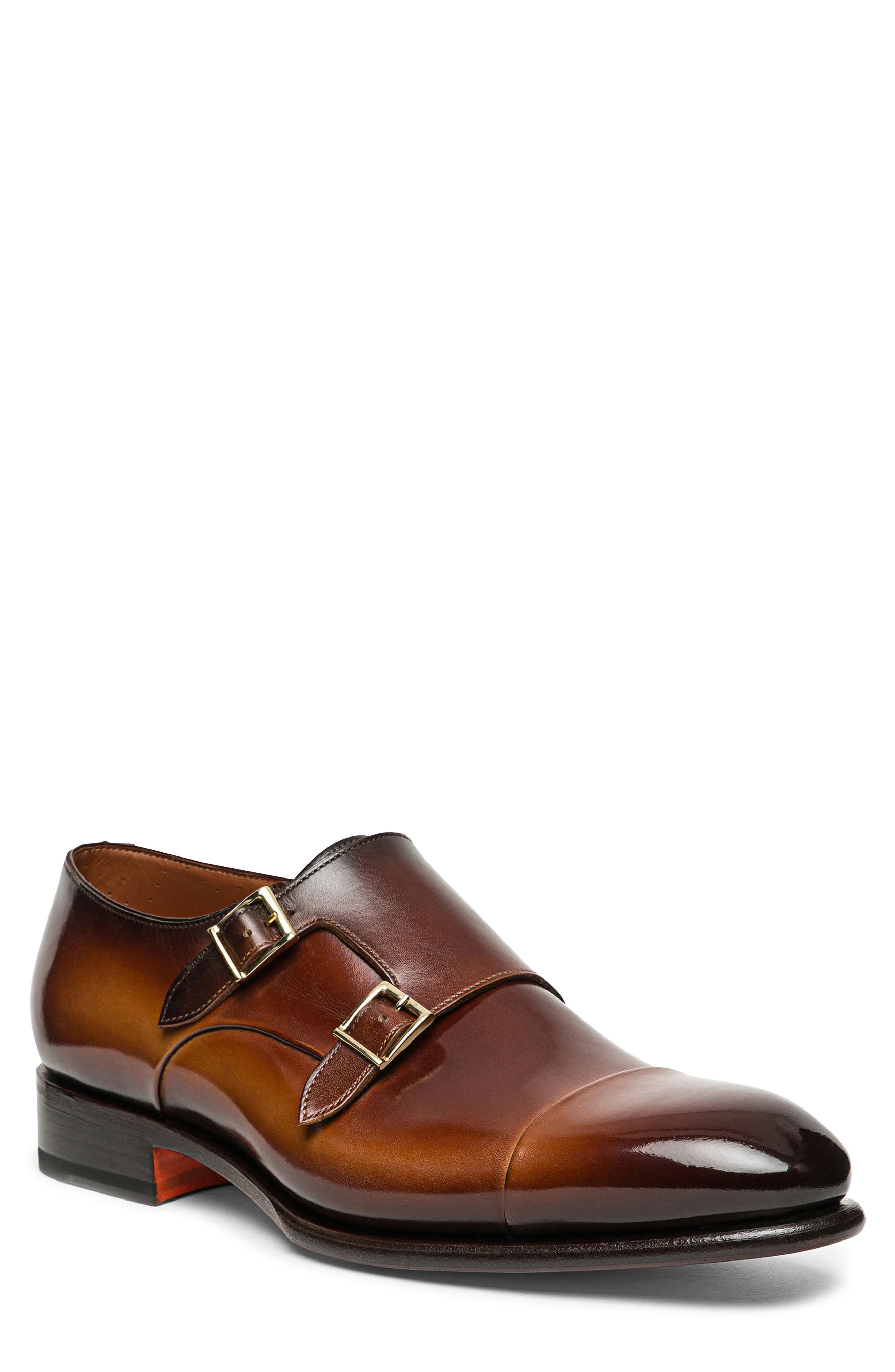 Santoni IRA Double Monk Strap Shoe in Dark Brown at Nordstrom - 1