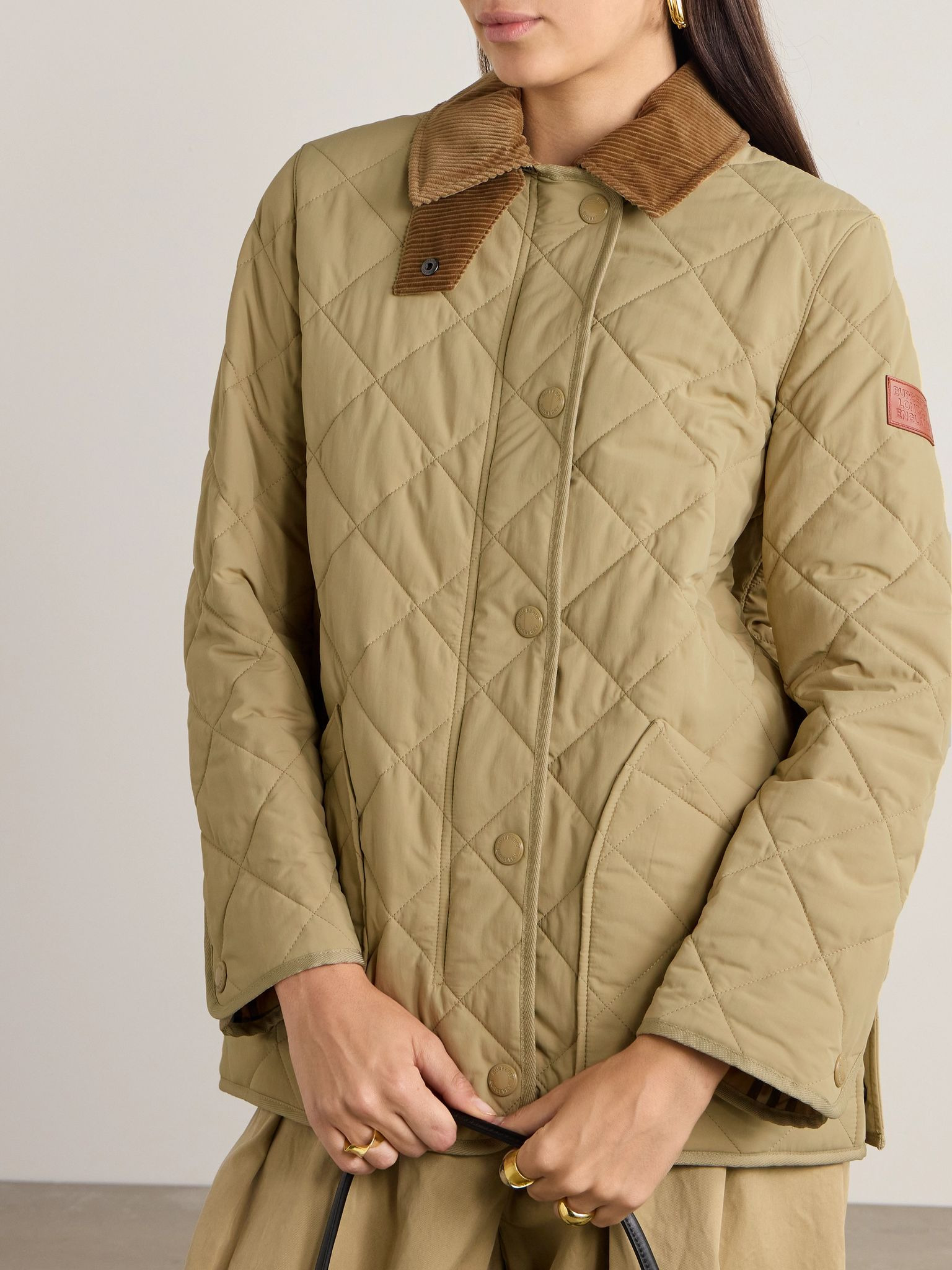 Corduroy and leather-trimmed quilted shell jacket Beige - 3