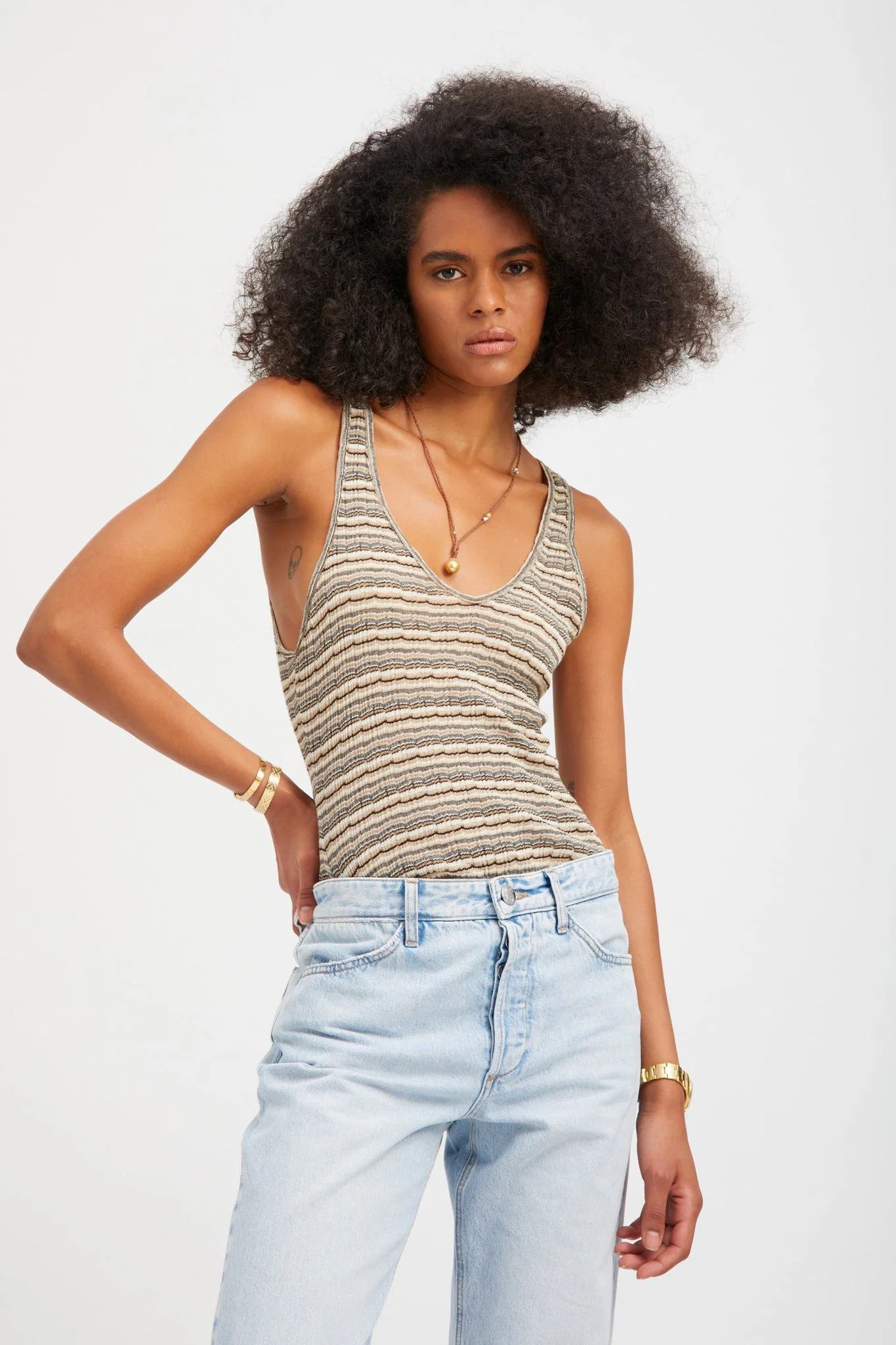 TRUFFLE STRIPED POINTELLE TANK - 1