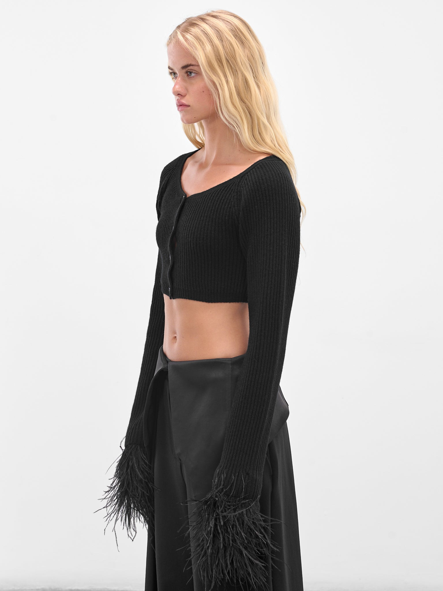 Black Cropped Feather Trim Cardigan - 2