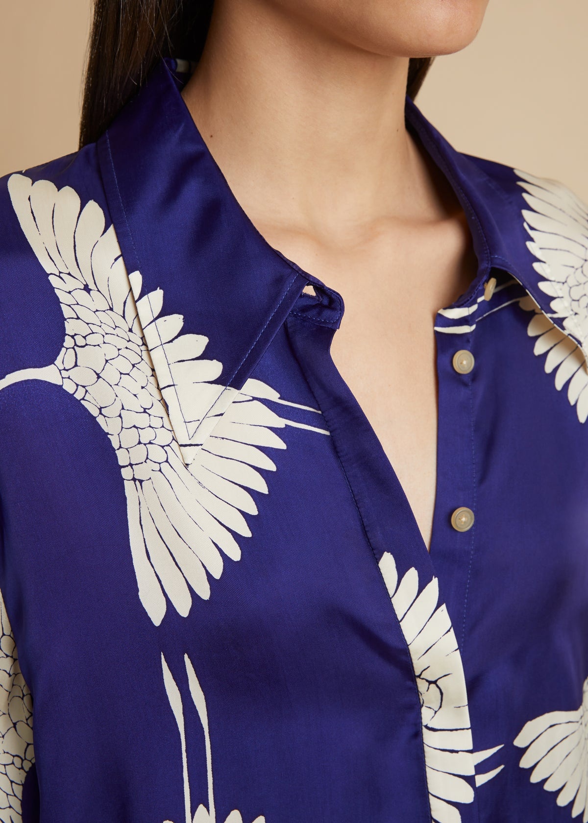 KHAITE The Minta Top in Cobalt and Cream Crane Print
