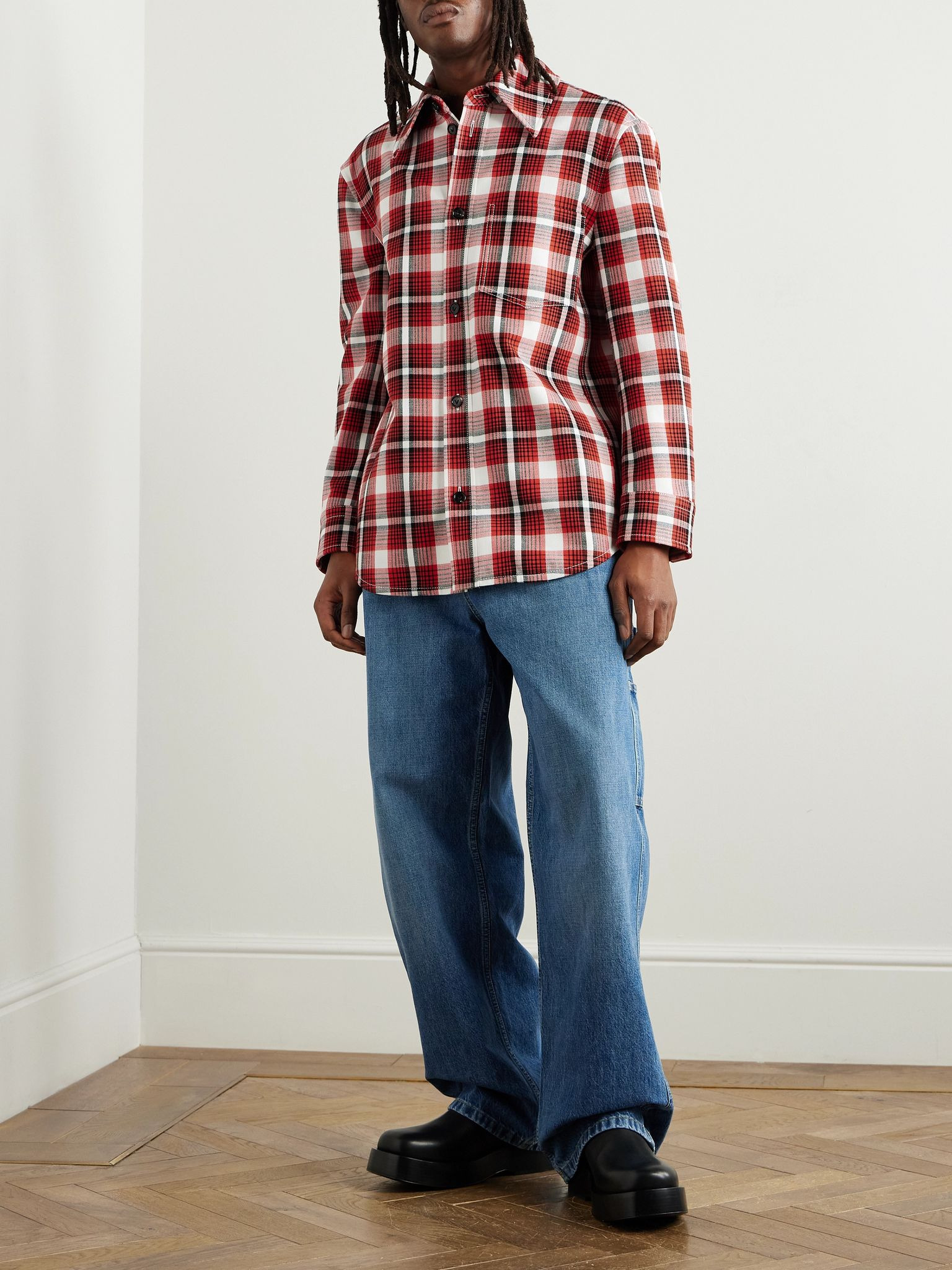 Checked Woven Overshirt Tomato red - 2